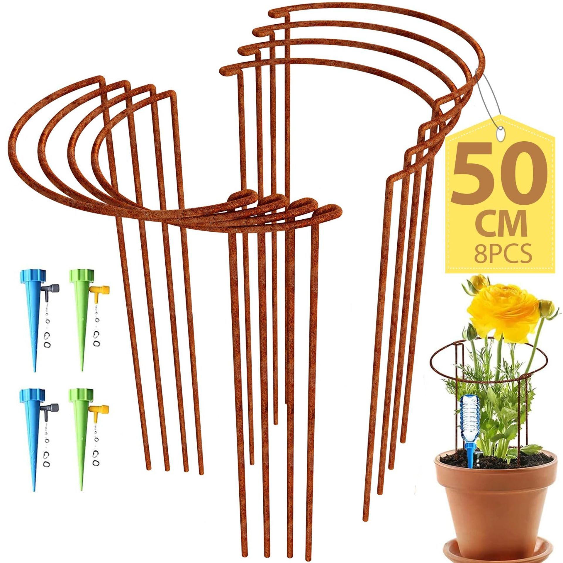 Large Rusty Bow Plant Support Stakes Half Round Flower Support Ring with Self Watering Spikes - Steel 50x27cm