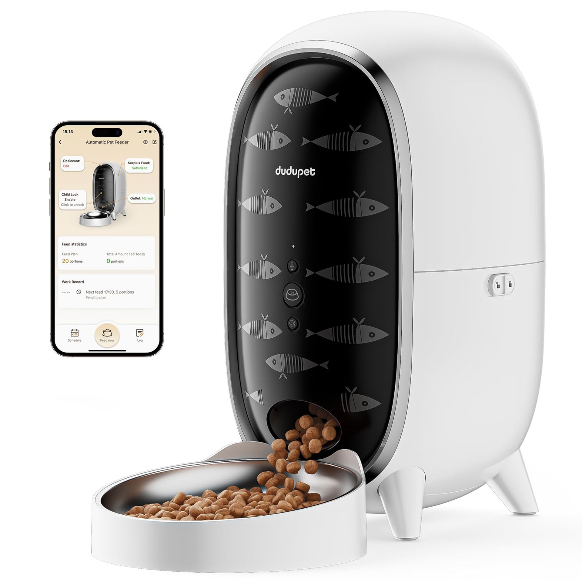 Automatic Cat Feeder with App Control, 15 Portions/10 Meals Daily, Voice Recording, WiFi, Cute Penguin Design for Cats & Small Dogs
