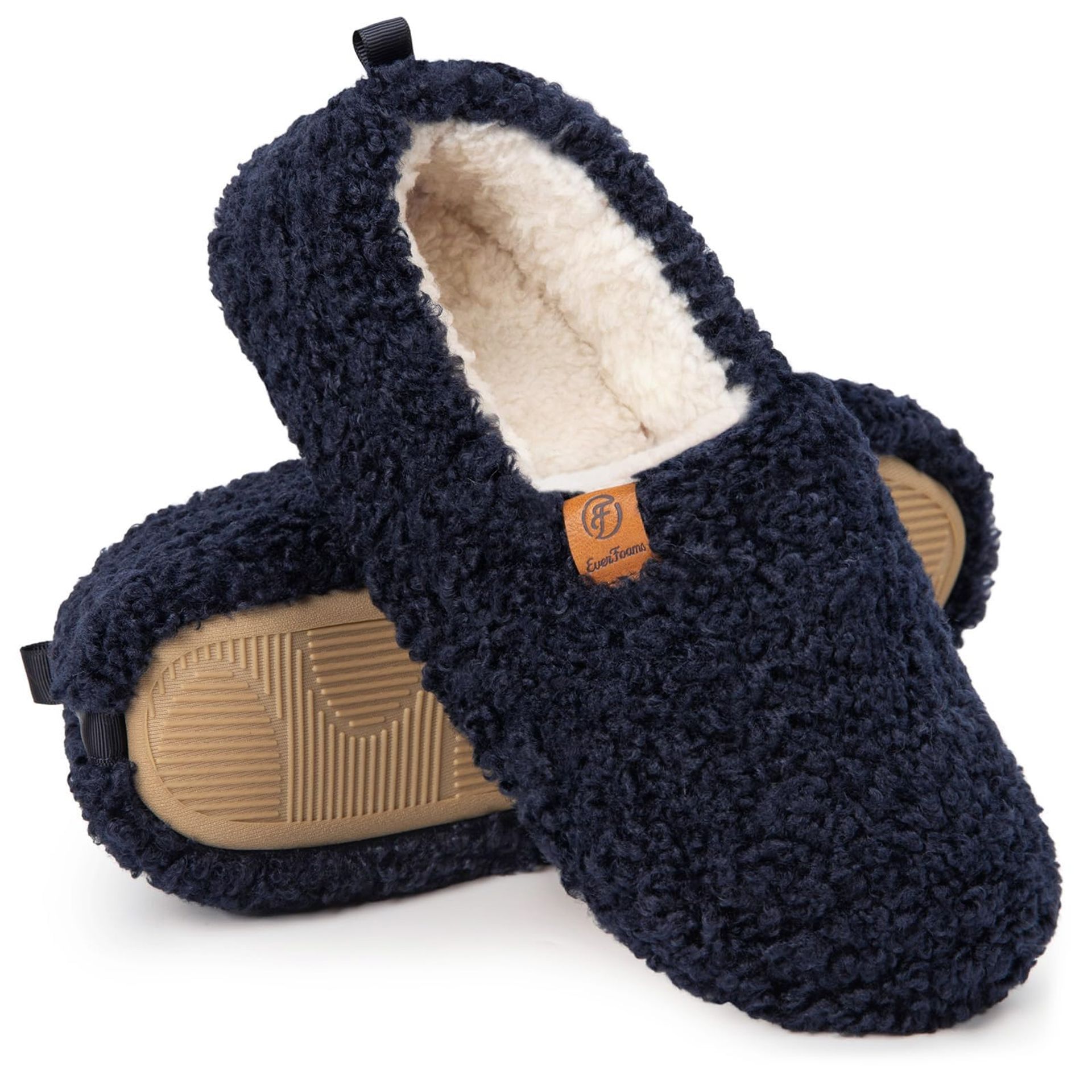 Women's Memory Foam House Slippers Soft Curly Fleece Lined Loafers Lightweight and Cozy Indoor Footwear - Dark Navy 7-8