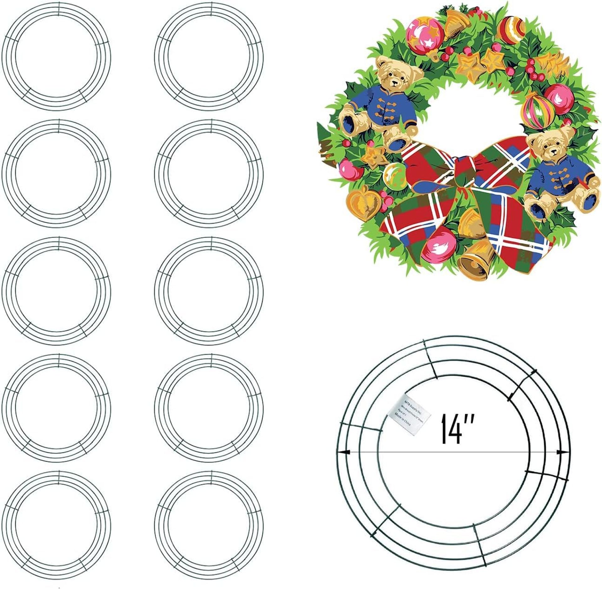Wire Wreath Rings Craft Frames for Floral Arrangements and Holiday Décor Pack of 10 - Green 14"