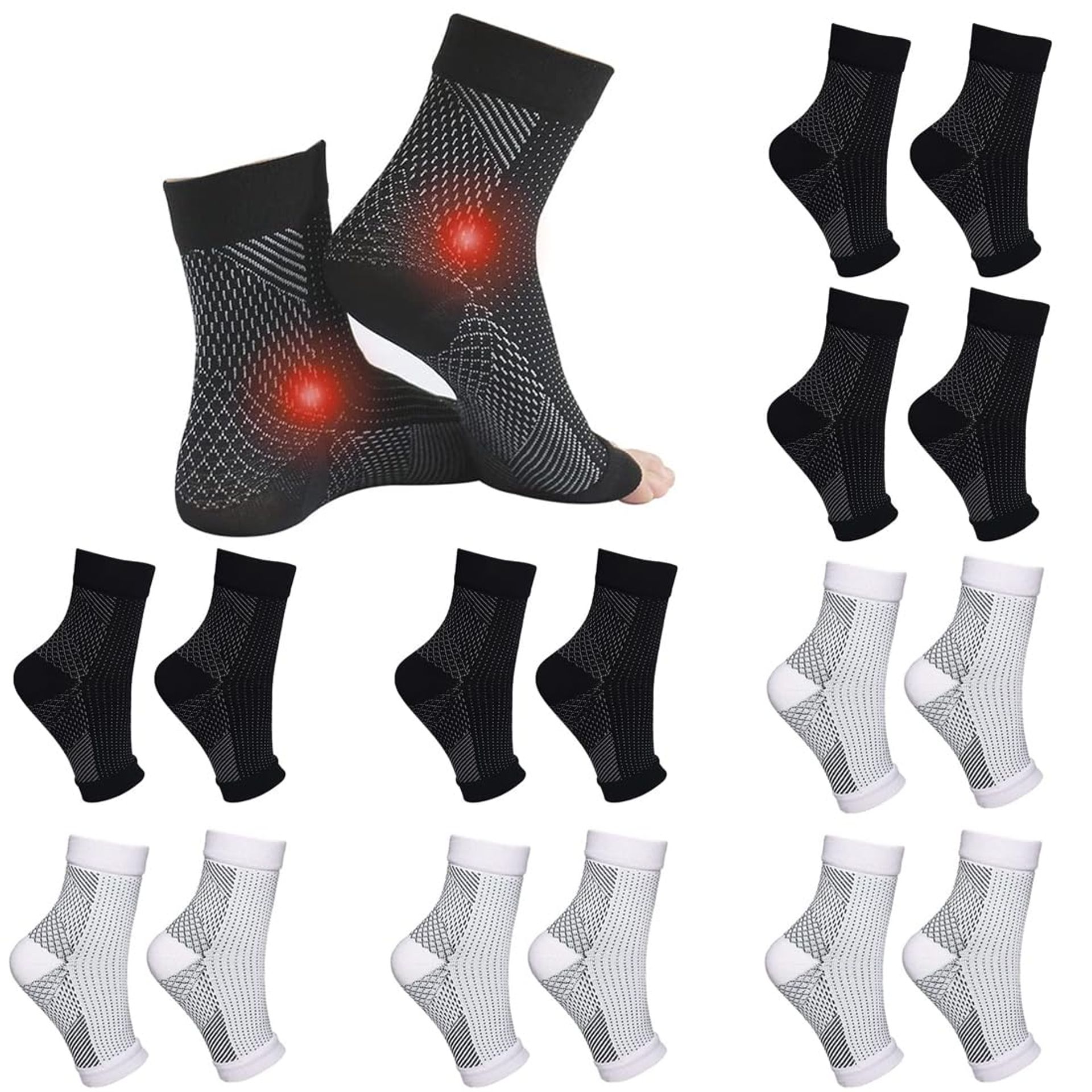 4 Pairs Compression Socks for Neuropathy & Plantar Fasciitis Pain Relief, Ankle Support, Breathable Anti-Slip - White & Black (Size 5-7.5)