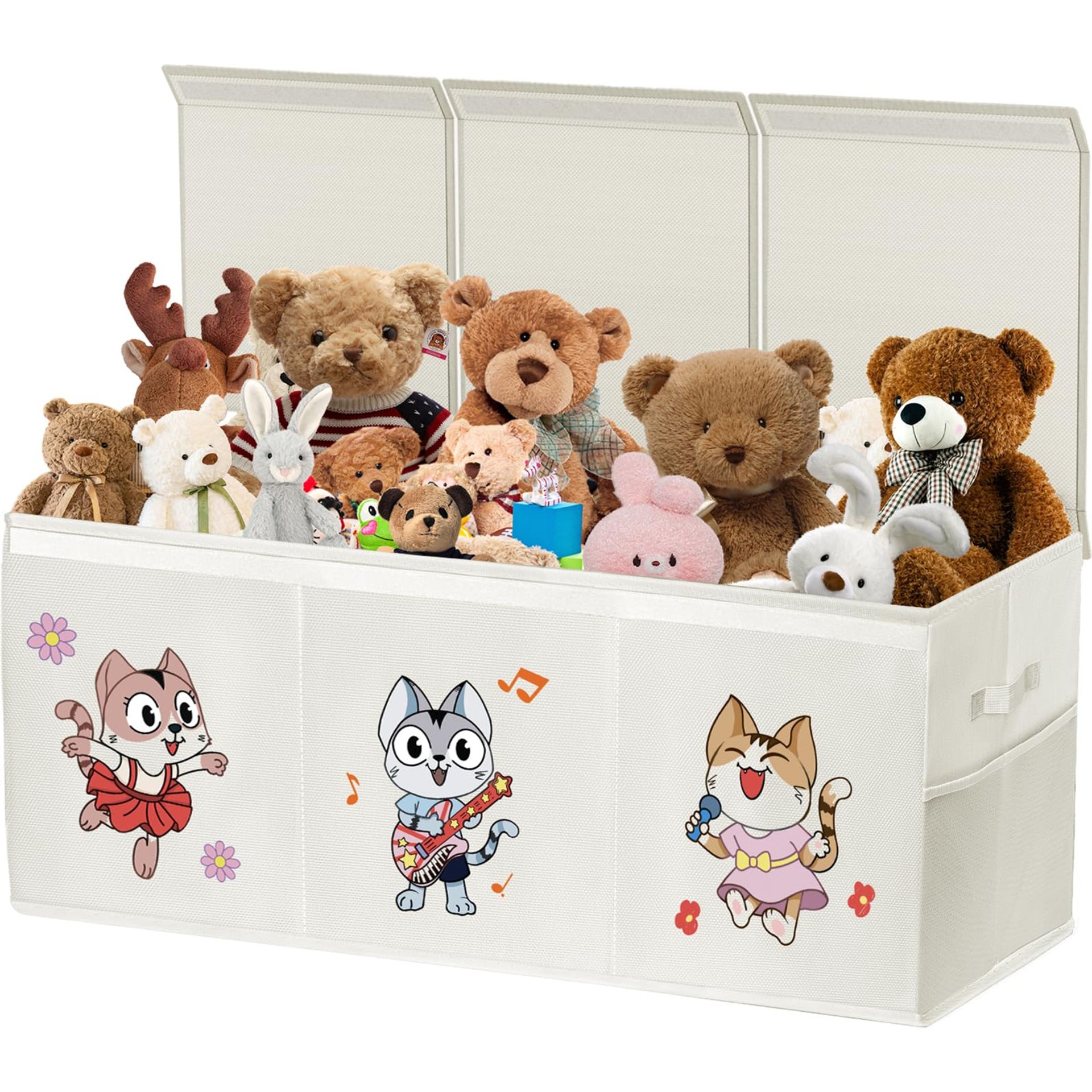 Extra Large Collapsible Toy Box Storage Chest with Lid, Handles and Mesh Pockets for Kids' Room Organisation - Beige 96x34x39cm