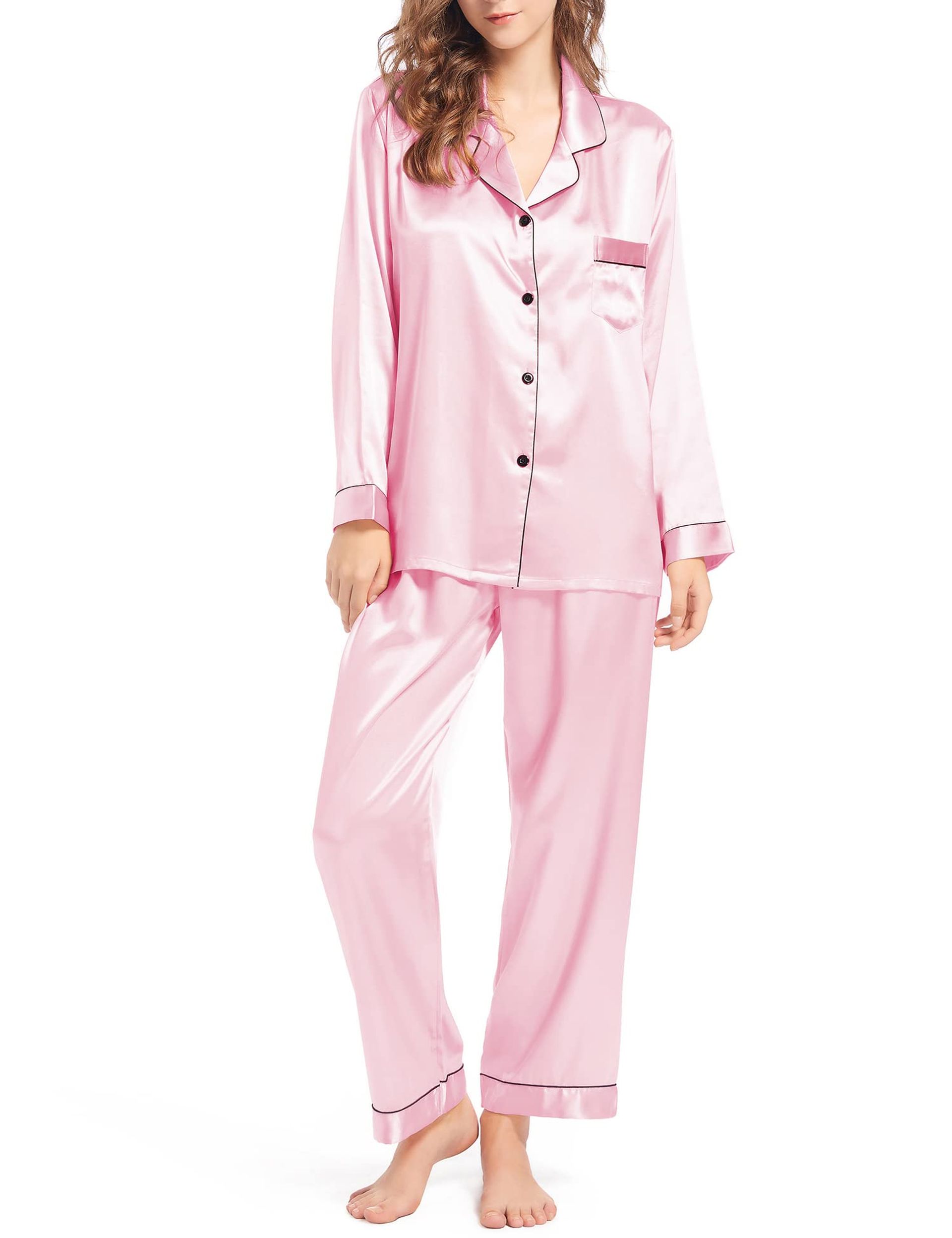 Women's Silk Satin Pyjamas Set Long Sleeve Button-Down Two-Piece Sleepwear Soft Loungewear - Pink M - Valentines