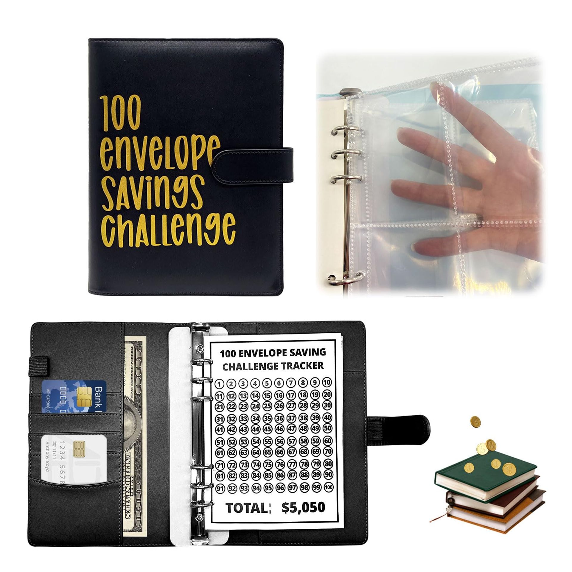 100 Envelopes Savings Challenge Binder - Family Budgeting Tool, Portable & Stylish (Black)