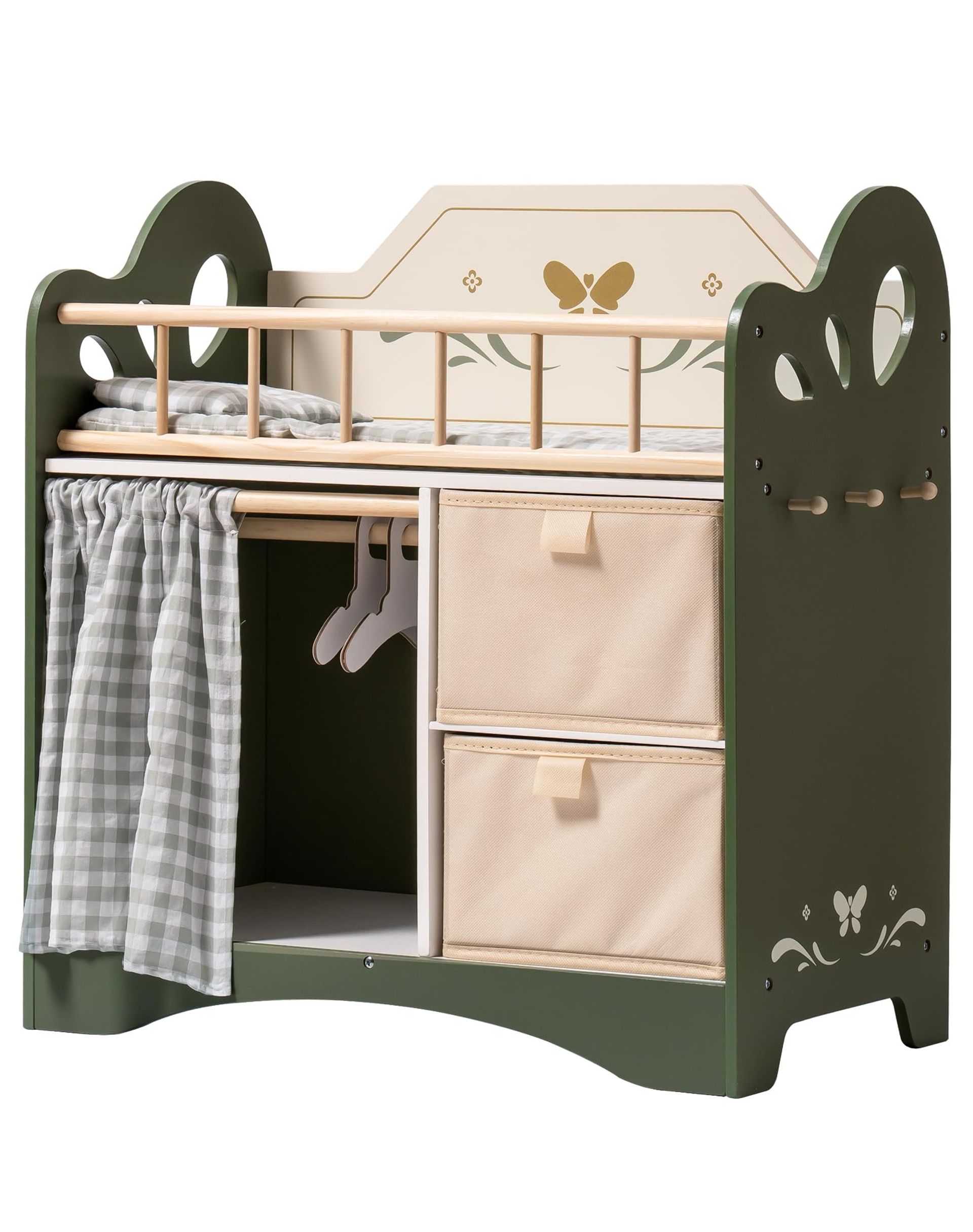 Wooden Doll Cot Bed with Wardrobe, Bedding, Storage & Hooks for Dolls up to 22 Inches - Green 22 inch