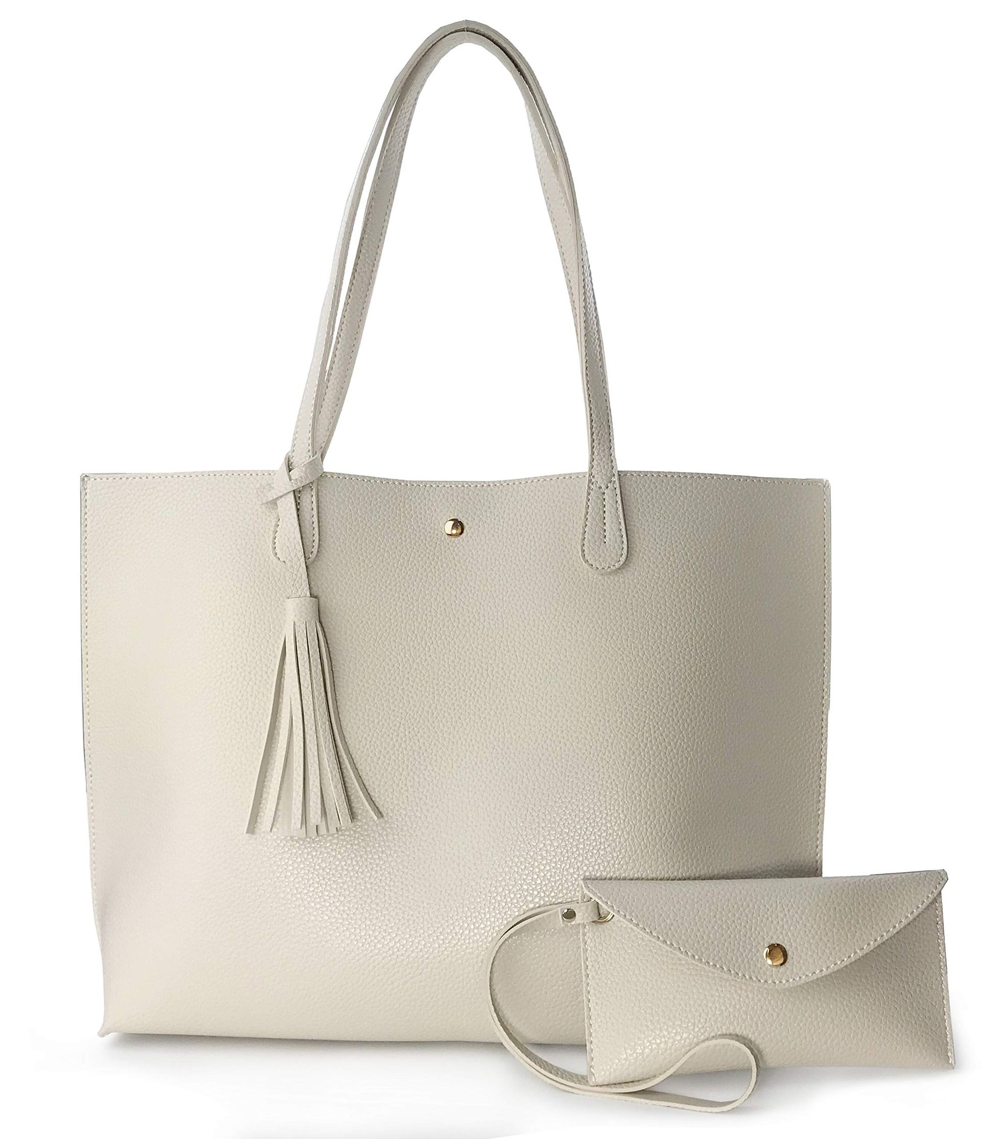 Minimalist Faux Leather Tote Shoulder Handbag with Detachable Wristlet - Ivory