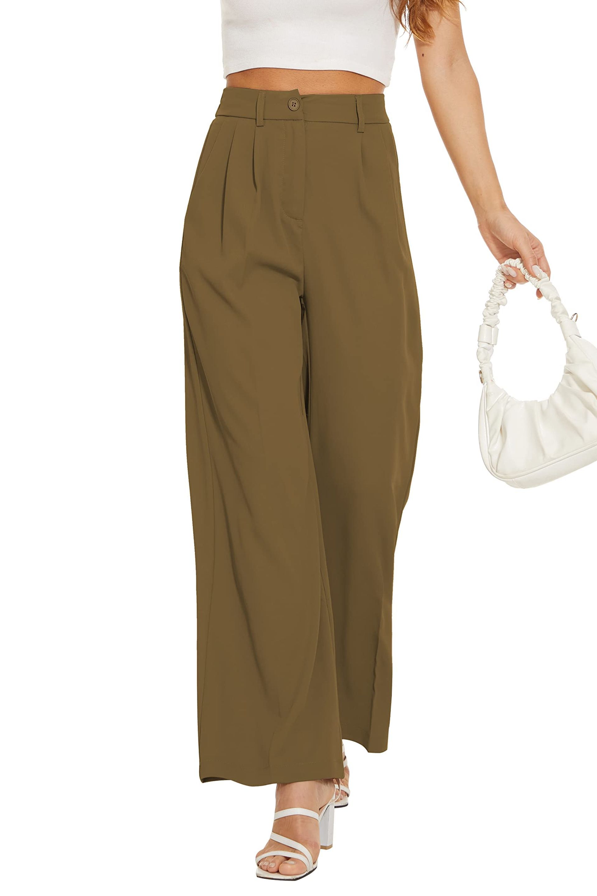 Women's Wide Leg Business Trousers High Waist with Back Elastic and Pleated Front - Khaki XL Short
