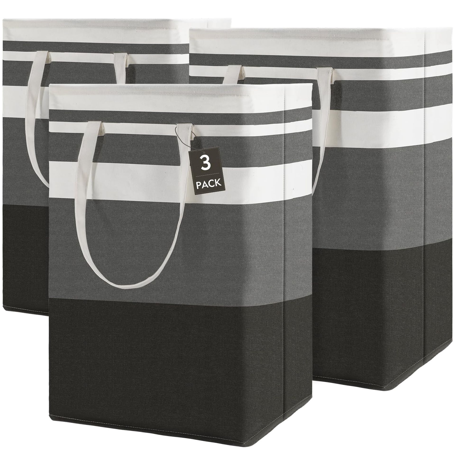 80L Collapsible Laundry Basket 3-Pack with Handles, Freestanding Cotton Hamper for Clothes, Toys & Storage - Gradient Grey
