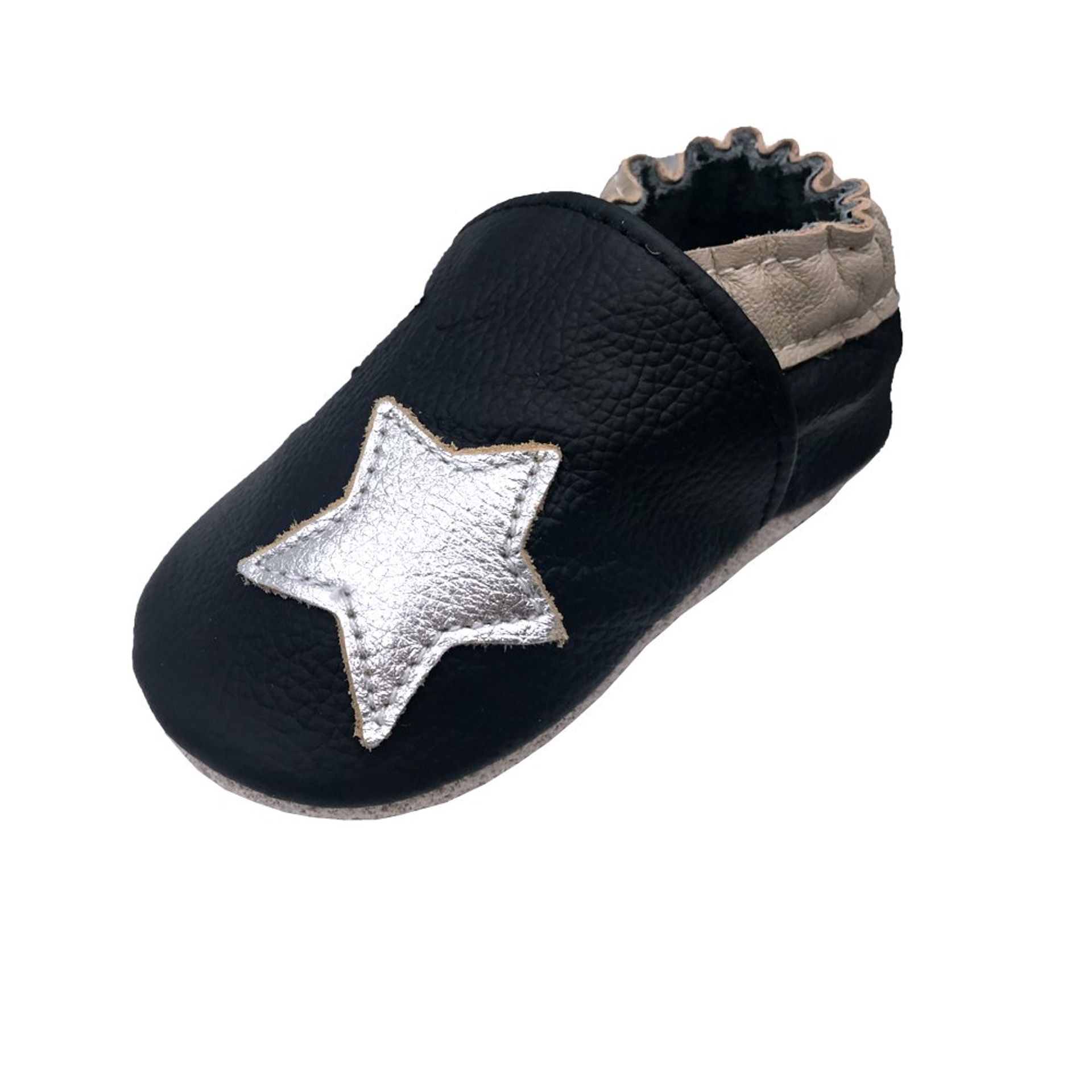 Baby Toddler Soft Leather Moccasins Non-Slip Prewalker Shoes - Black Stars 18-24 Months