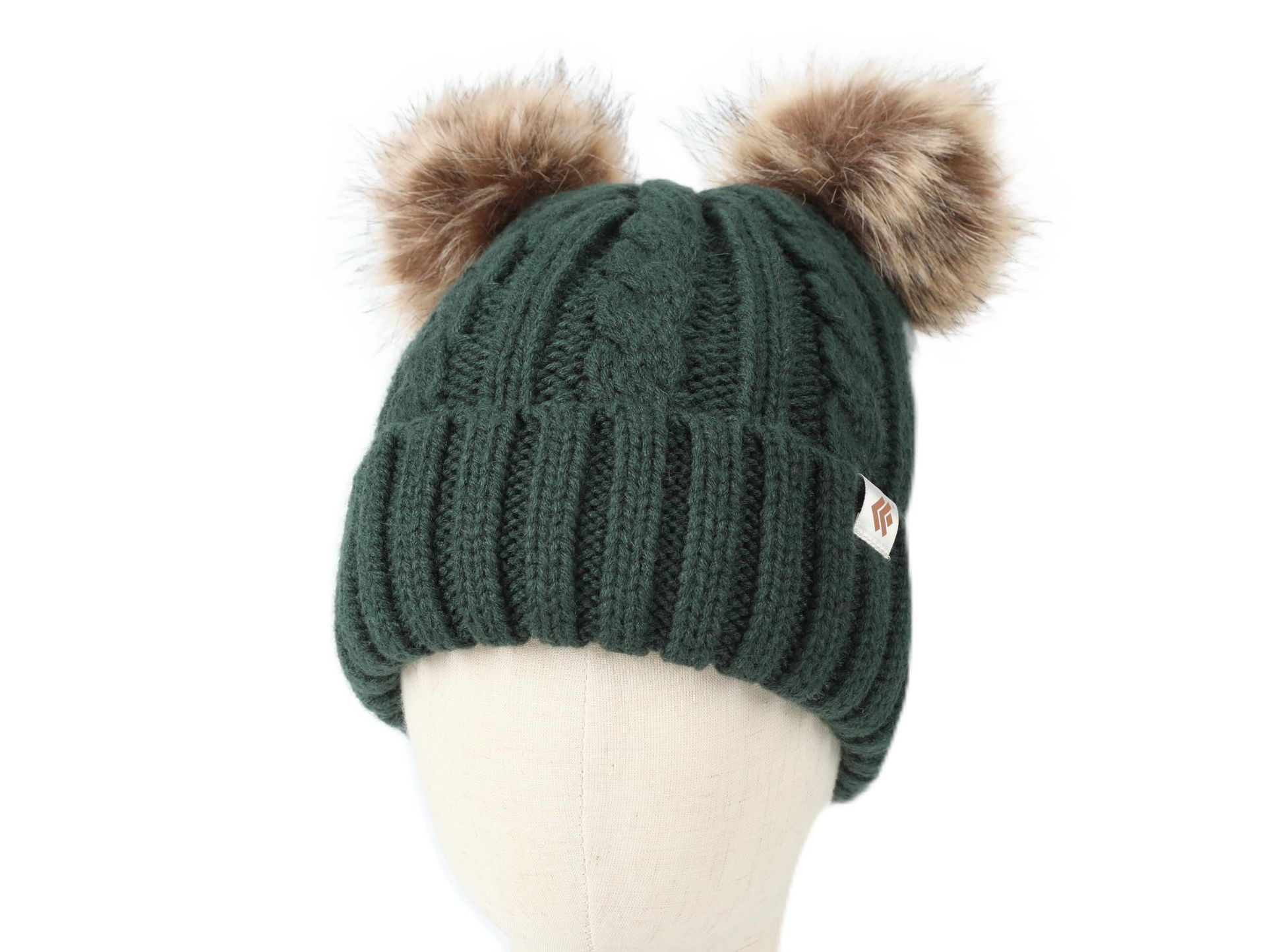 Kids Satin Lined Bobble Hat with Double Pom Poms, Warm Winter Beanie for Ages 1-7, Green