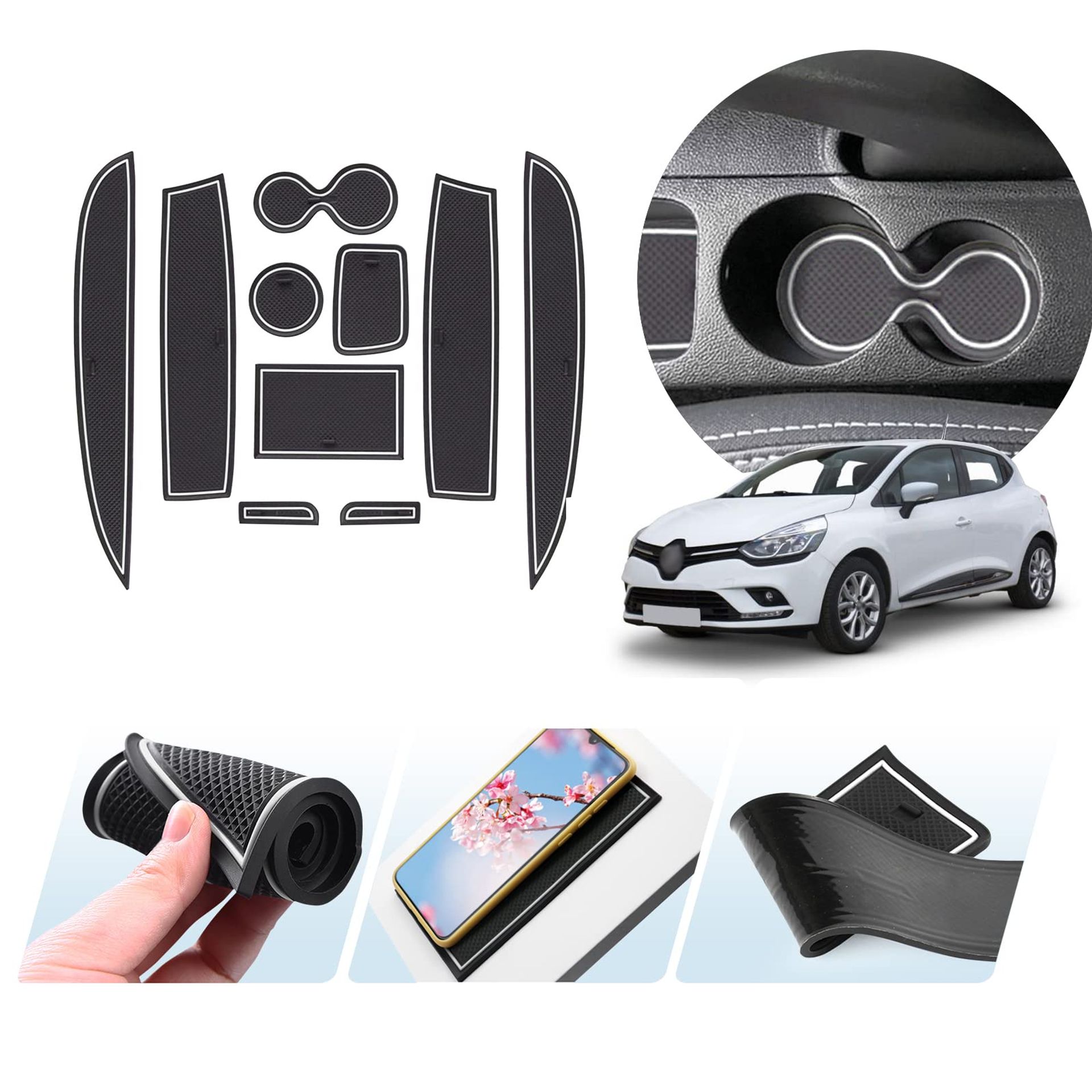 Car Interior Non-Slip Rubber Mats Set Compatible with Renault Clio 4 2013–2018, Centre Console, Cup Holder & Door Groove Pads - White 10 Pcs