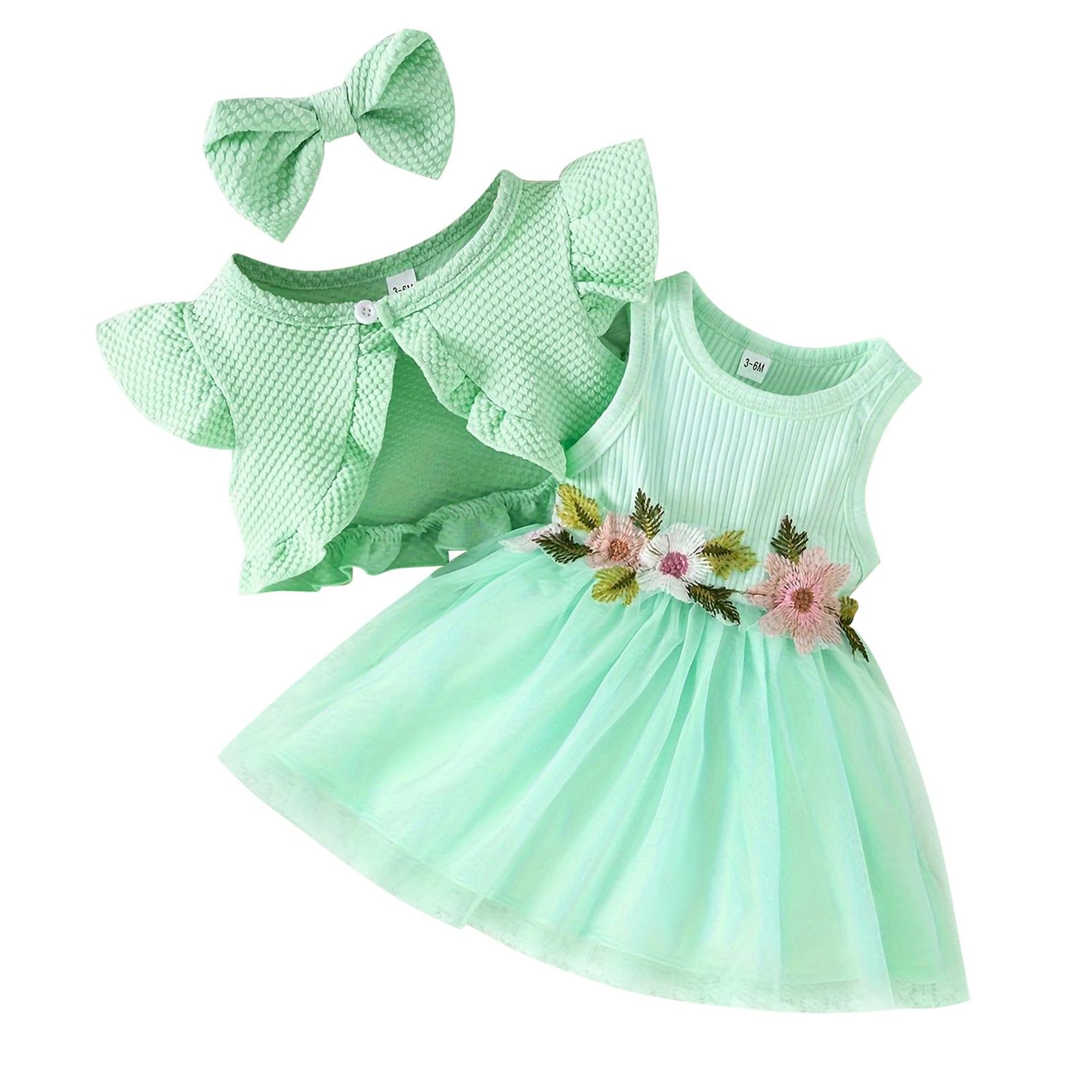 Baby Girl 3PCS Summer Outfit Floral Dress with Cardigan & Headband - Green 3 Years