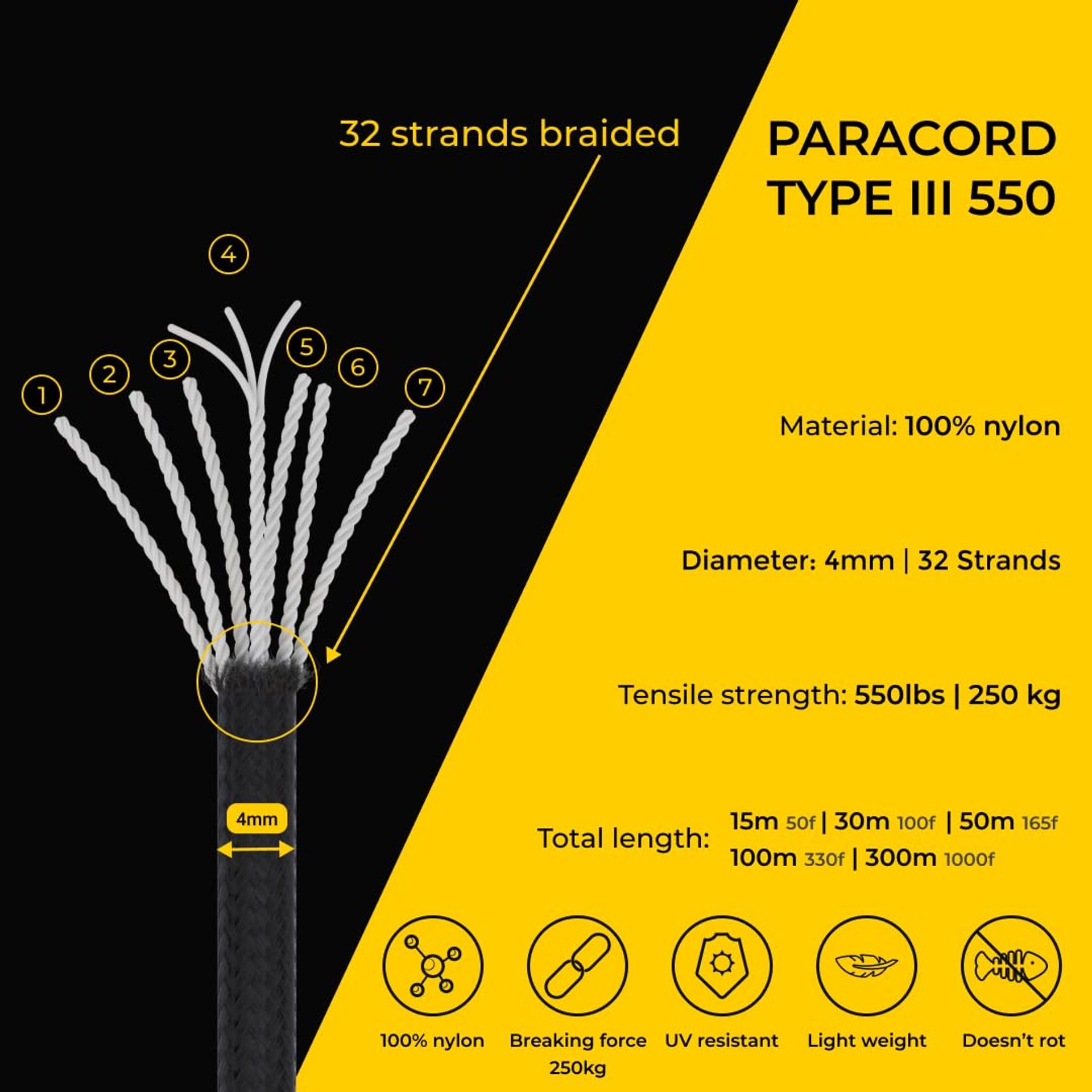 4mm Nylon Paracord 550 Type III 300m Rope - 7 Strand, 100% Nylon, Strong,