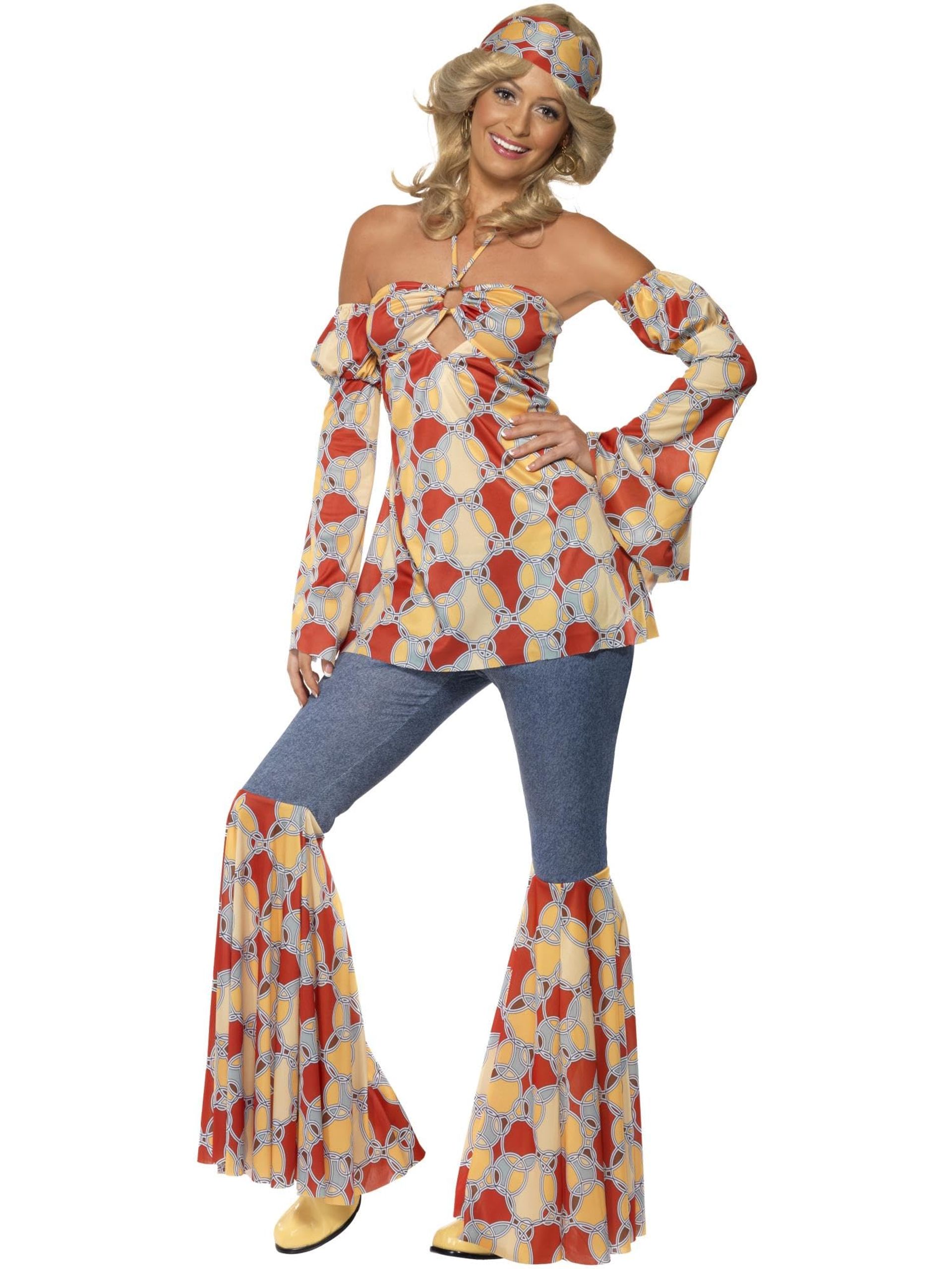 Women's Vintage 1970s Hippy Fancy Dress Costume with Halter Top and Trousers - Multi-colour M UK Size 12-14
