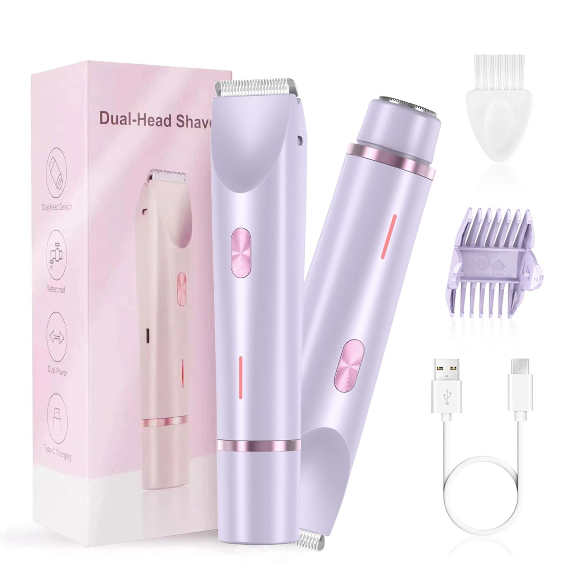 2-in-1 Lady Dual-Head Shaver IPX7 Waterproof Wet & Dry Hair Trimmer and Facial Hair Remover for Women - Purple