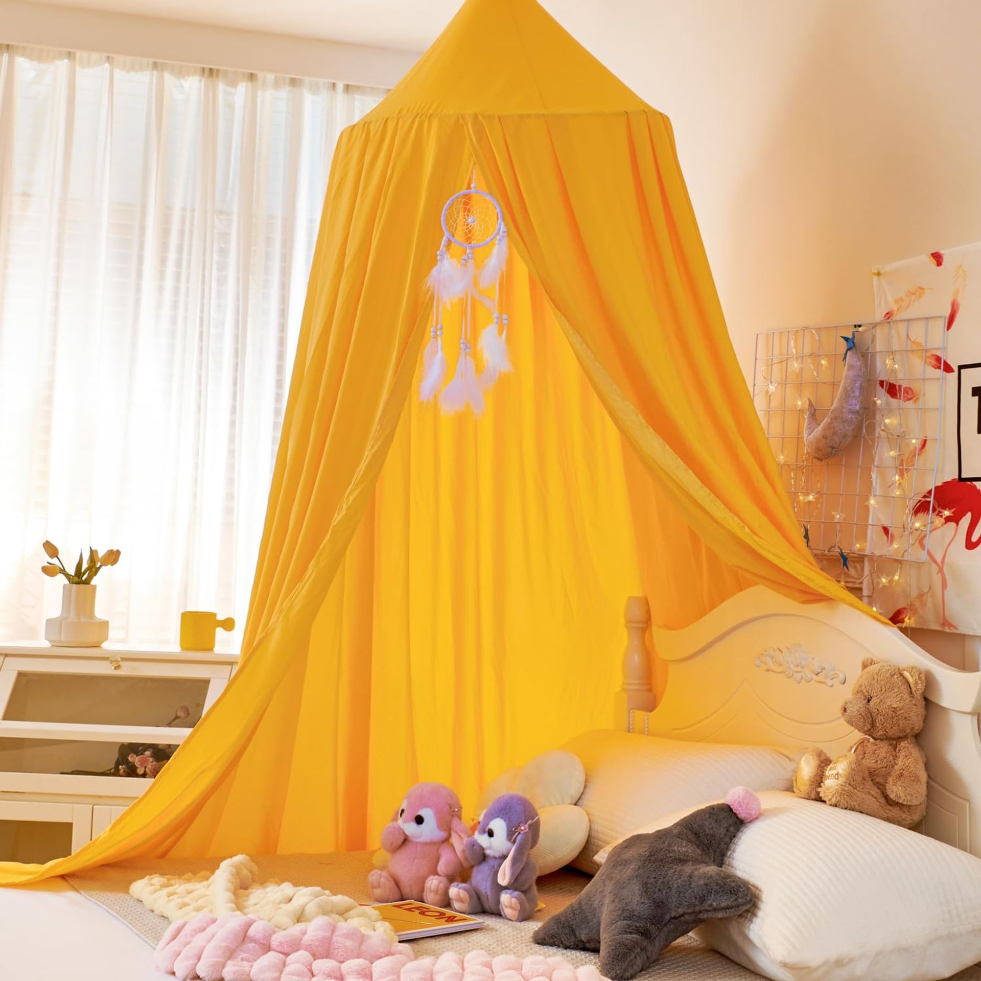 Large Children's Bed Canopy Round Dome Princess Mosquito Net Nursery Decoration - Yellow Height270cm