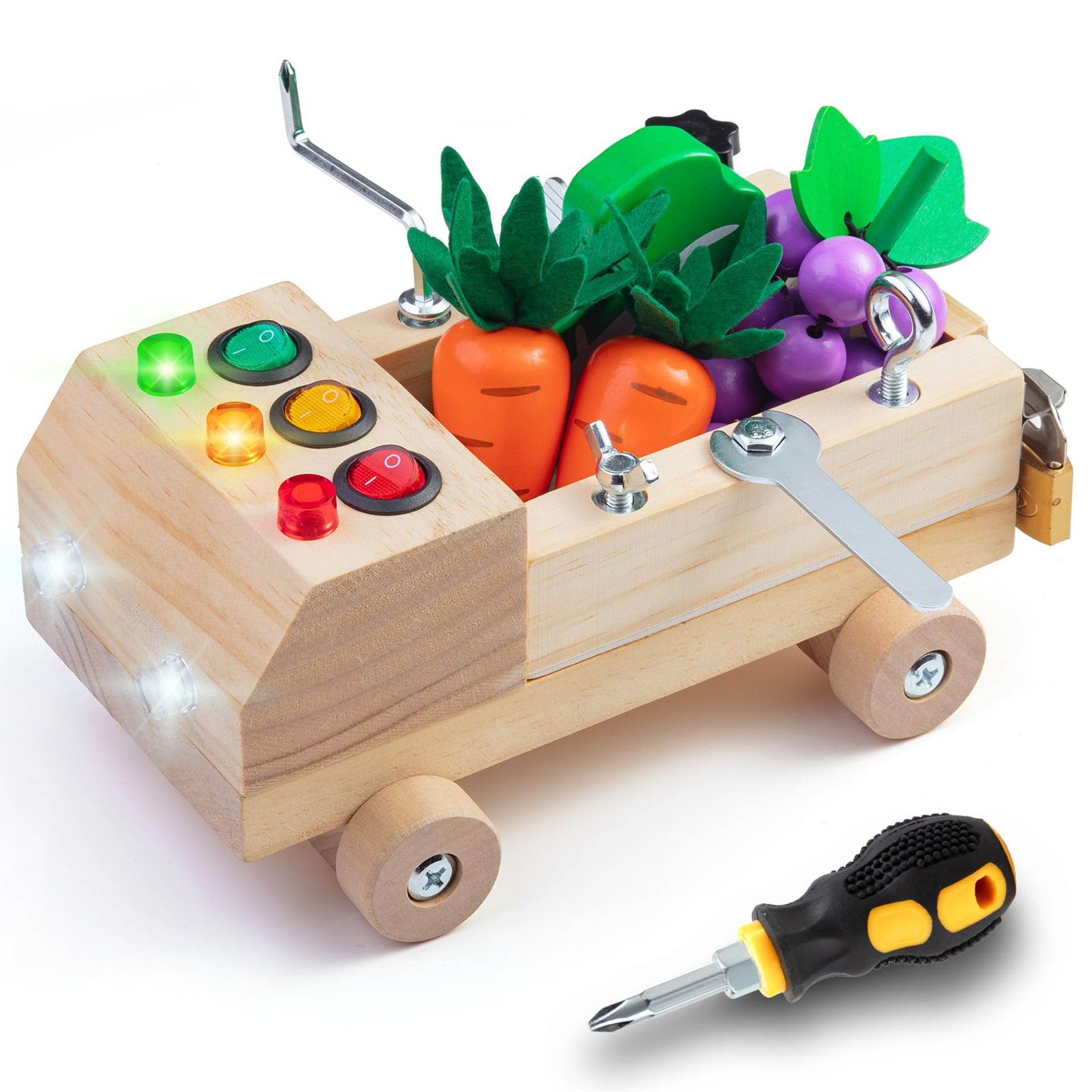 Montessori Busy Board Toy with Wooden Fruit, Locks, Tools & LED Light - Educational Activity Set for Ages 3 to 7