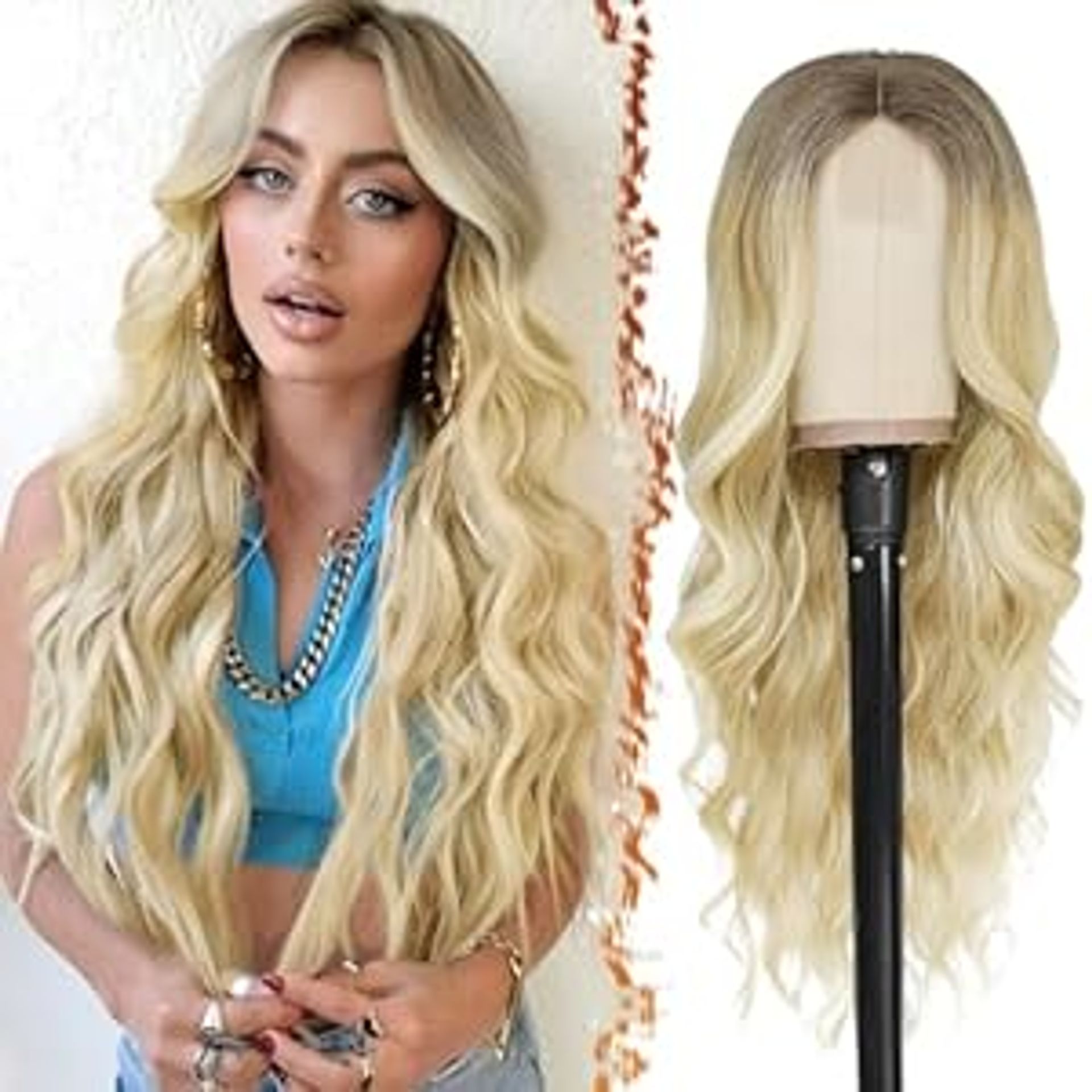 Long Wavy Wig 26 Inch Synthetic Lace Front Natural Soft Hair Heat Resistant - Ombre Platinum Blonde 66cm - Valentines - Valentines