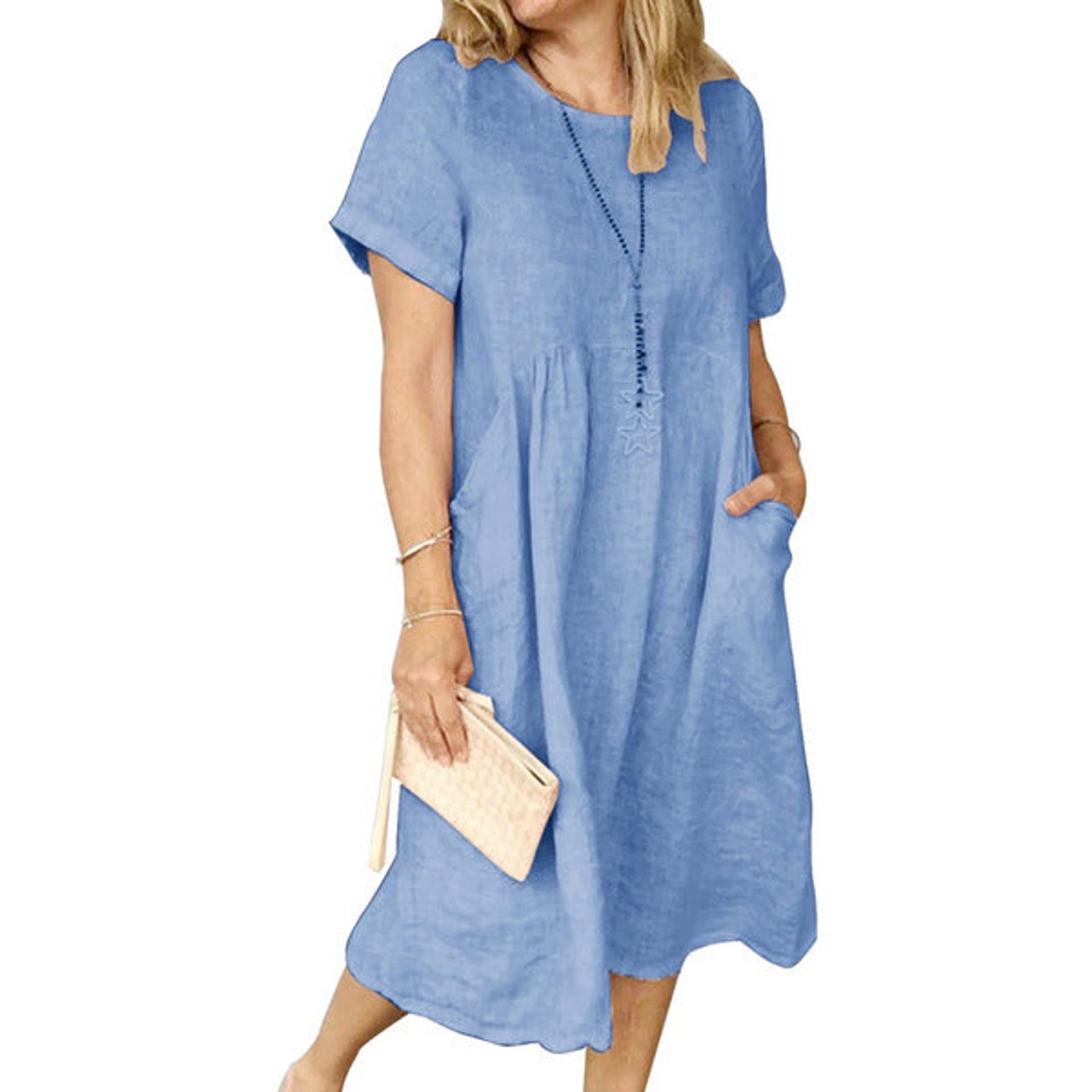 UTUKKY Women'S Summer Dresses Casual Round Neck Short Sleeve Linen Dress