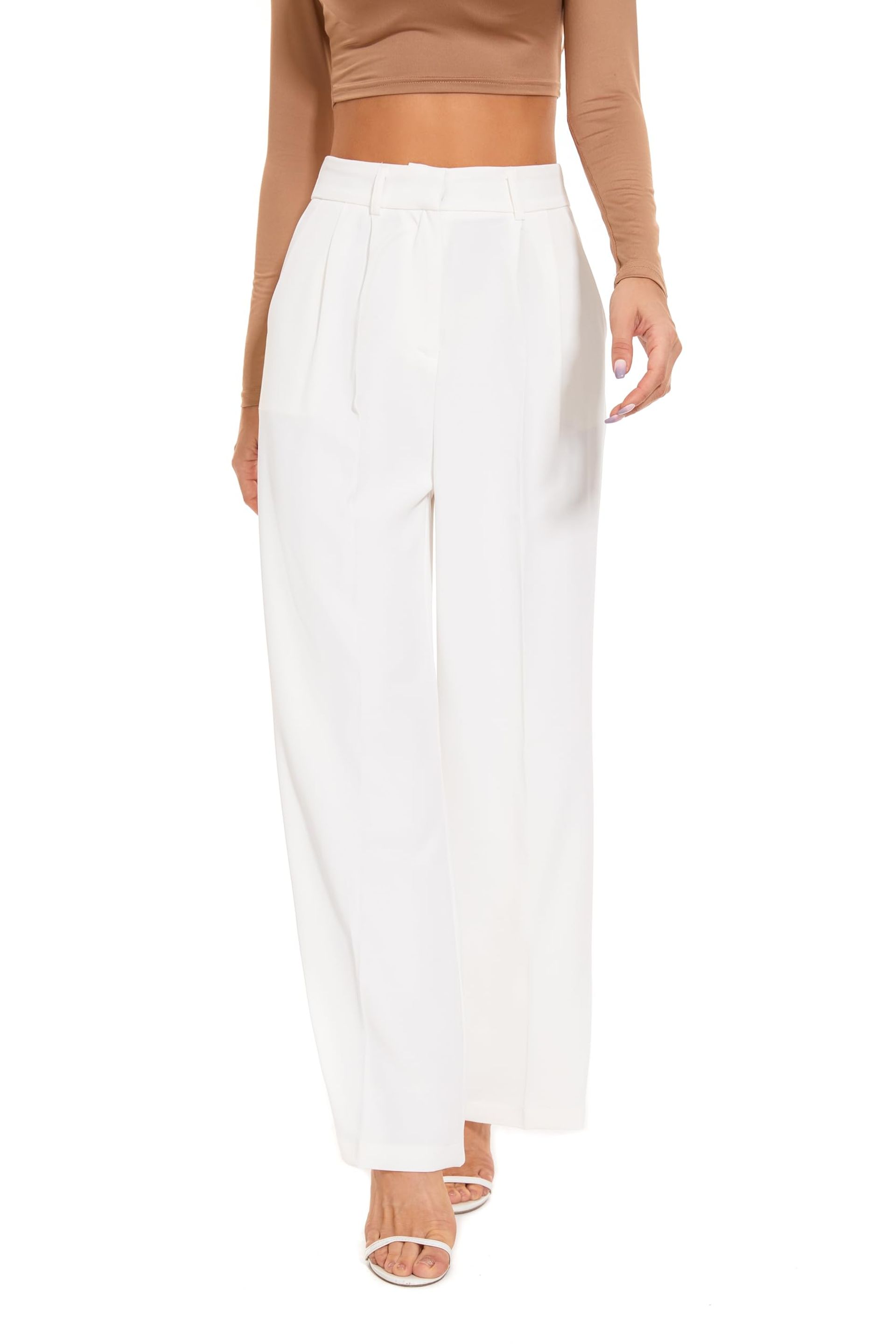 Women's Wide Leg Work Trousers High Waist Pleated Front Elastic Back Long Suit Pants - White XL Long