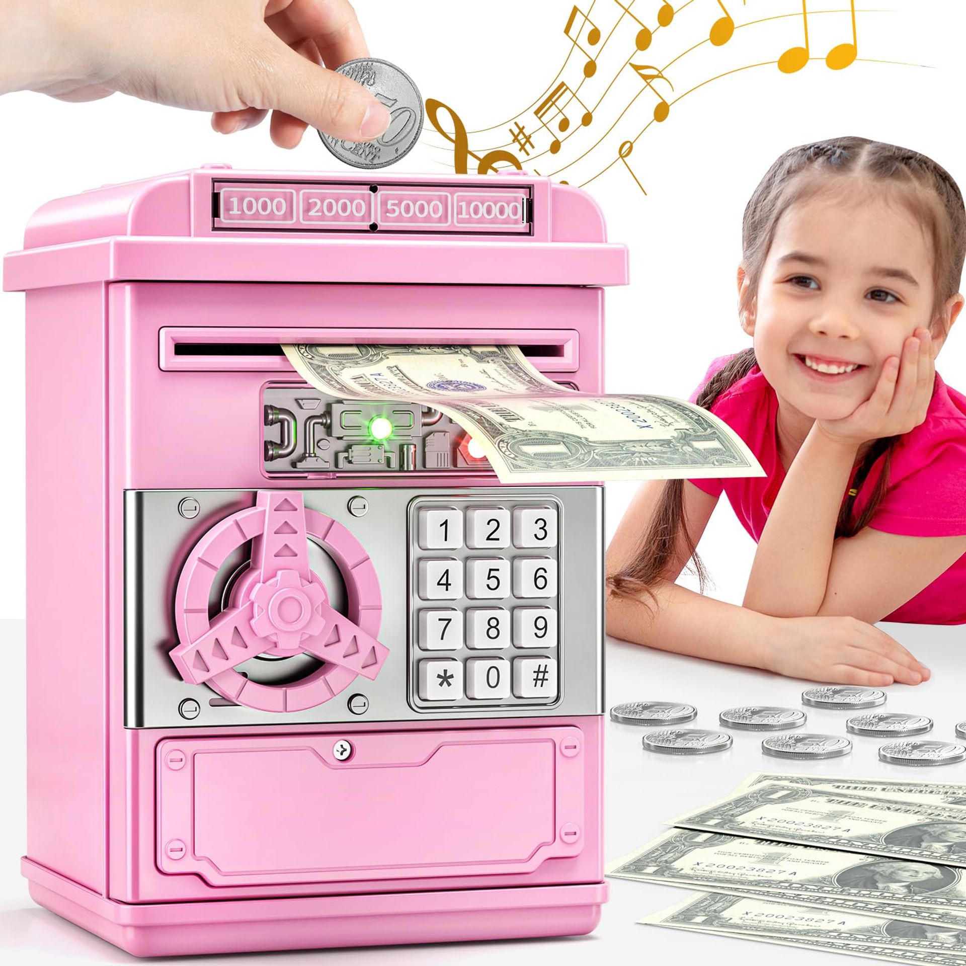 Pink TEMI Electronic Piggy Bank for Kids - Mini ATM Money Safe & Password Box, Ages 3-8