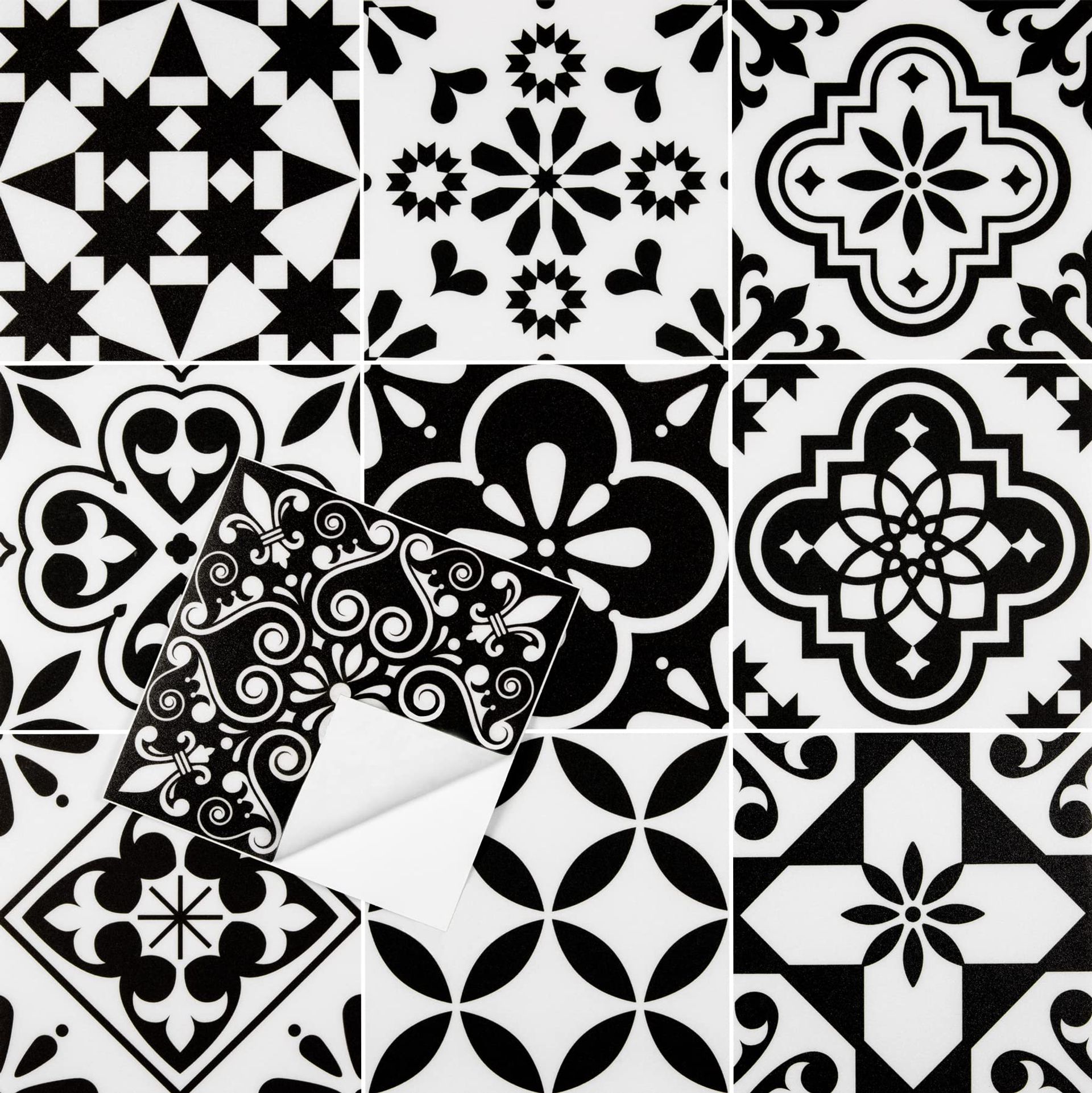 Adhesive Floor Tiles Peel & Stick Vinyl Waterproof Easy Clean for Kitchen Bathroom Living Room - Black 20x20cm 40pcs