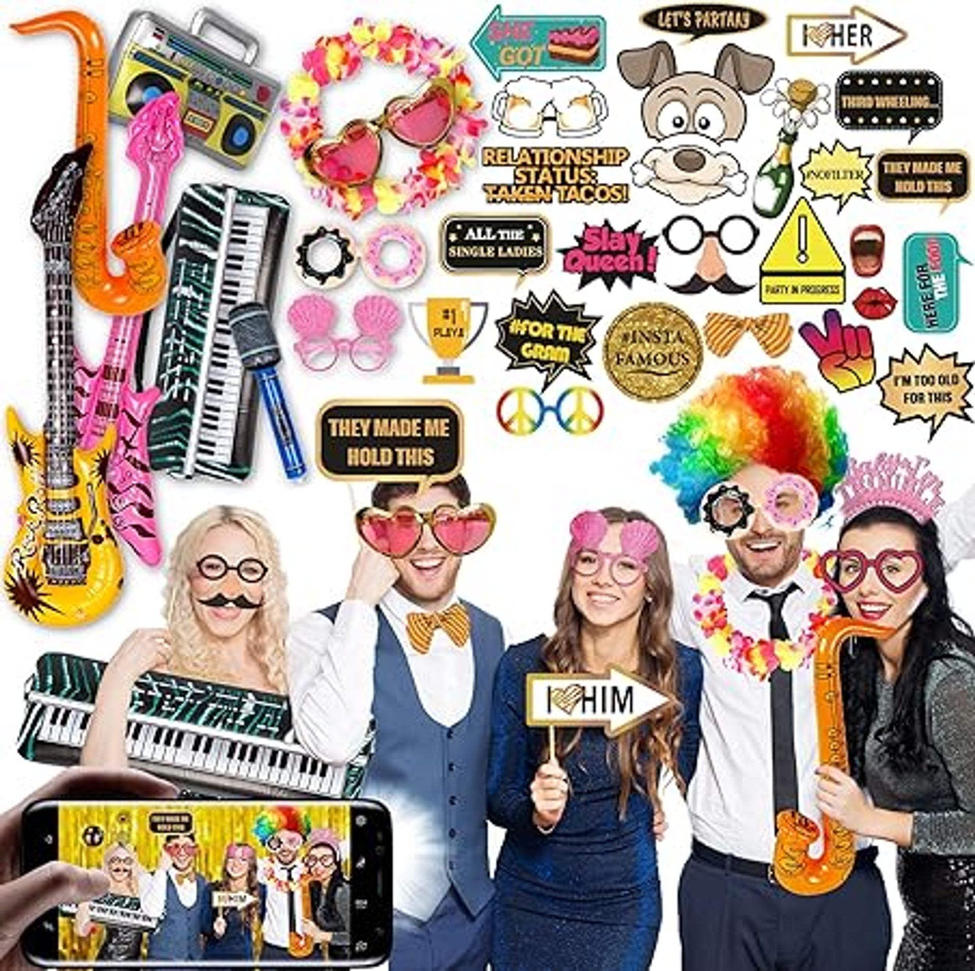 70Pcs – NO DIY – Birthday Photo Booth Props for All Ages – Multi Colored – Box Stand for Presentation Included – Pre Assembled on Stick – Any Age Numbers! Real Glitter - Pastel Colors - Funny Props