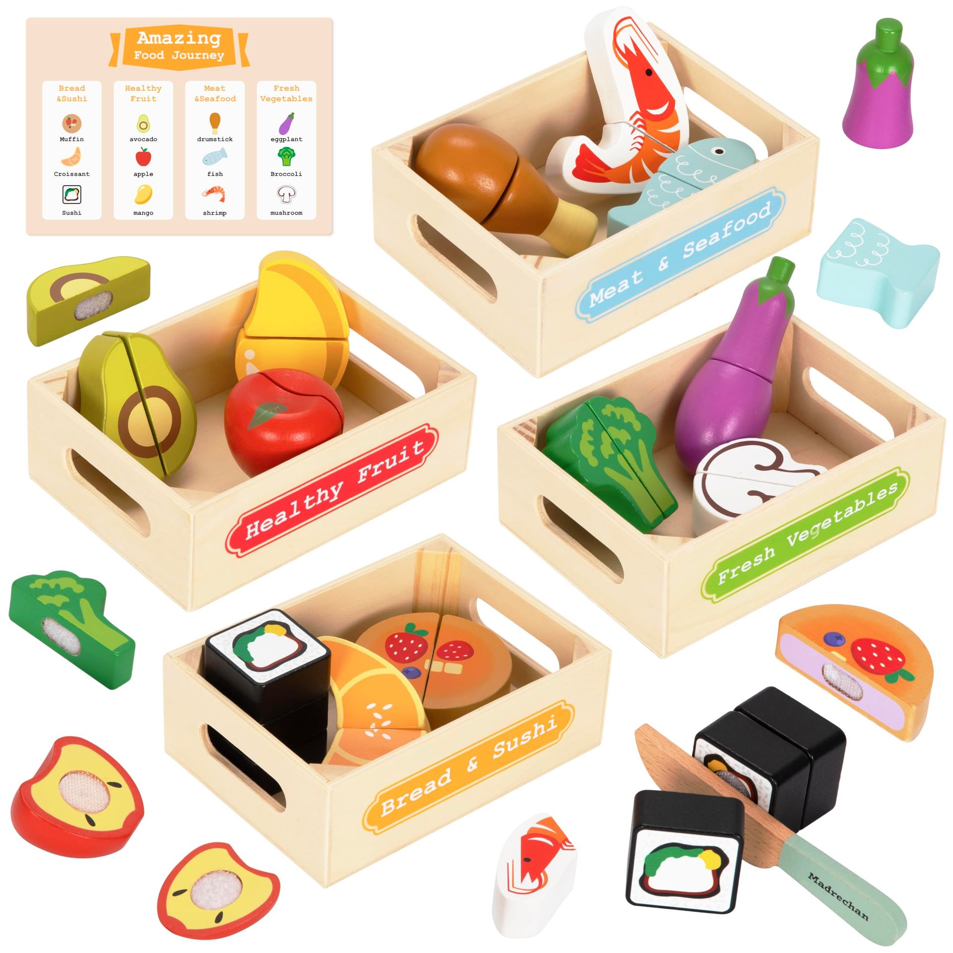 Wooden Cutting Play Food Set with 12 Pieces & 4 Storage Boxes for Kids Learning & Pretend Play