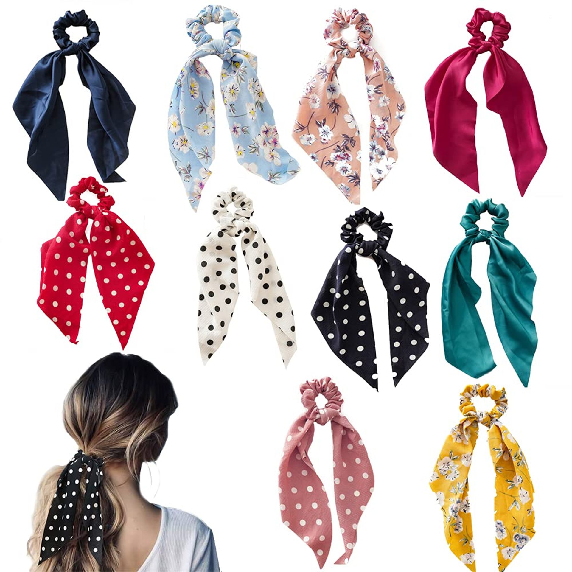 10 Pcs Colourful Ribbon Bowknot Hair Scrunchies - Chiffon Elastic Bands for Women & Girls