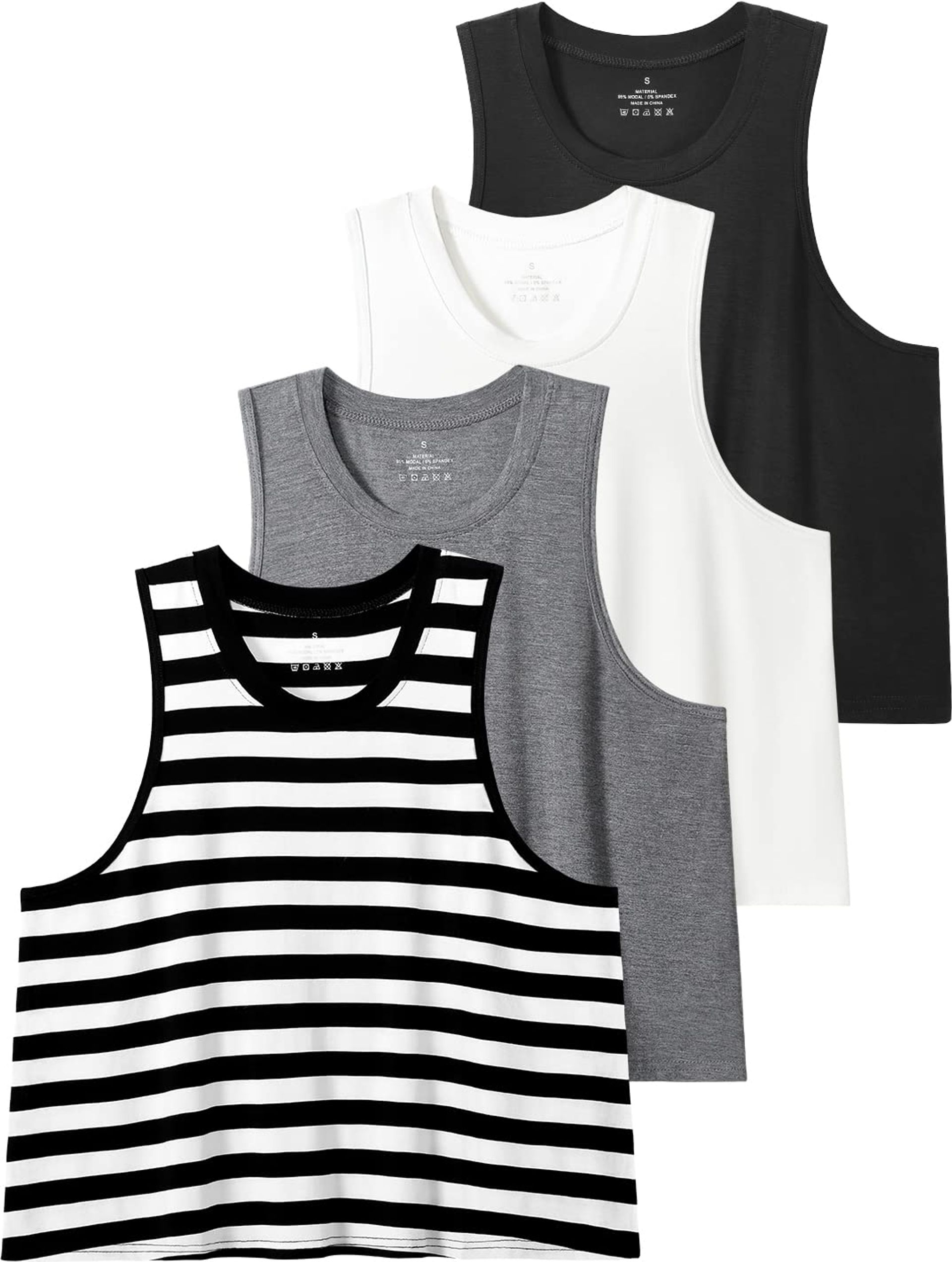 4 Pack Women's Cropped Vest Tops - Black/Grey/White/Stripe - Activewear Gym Essentials