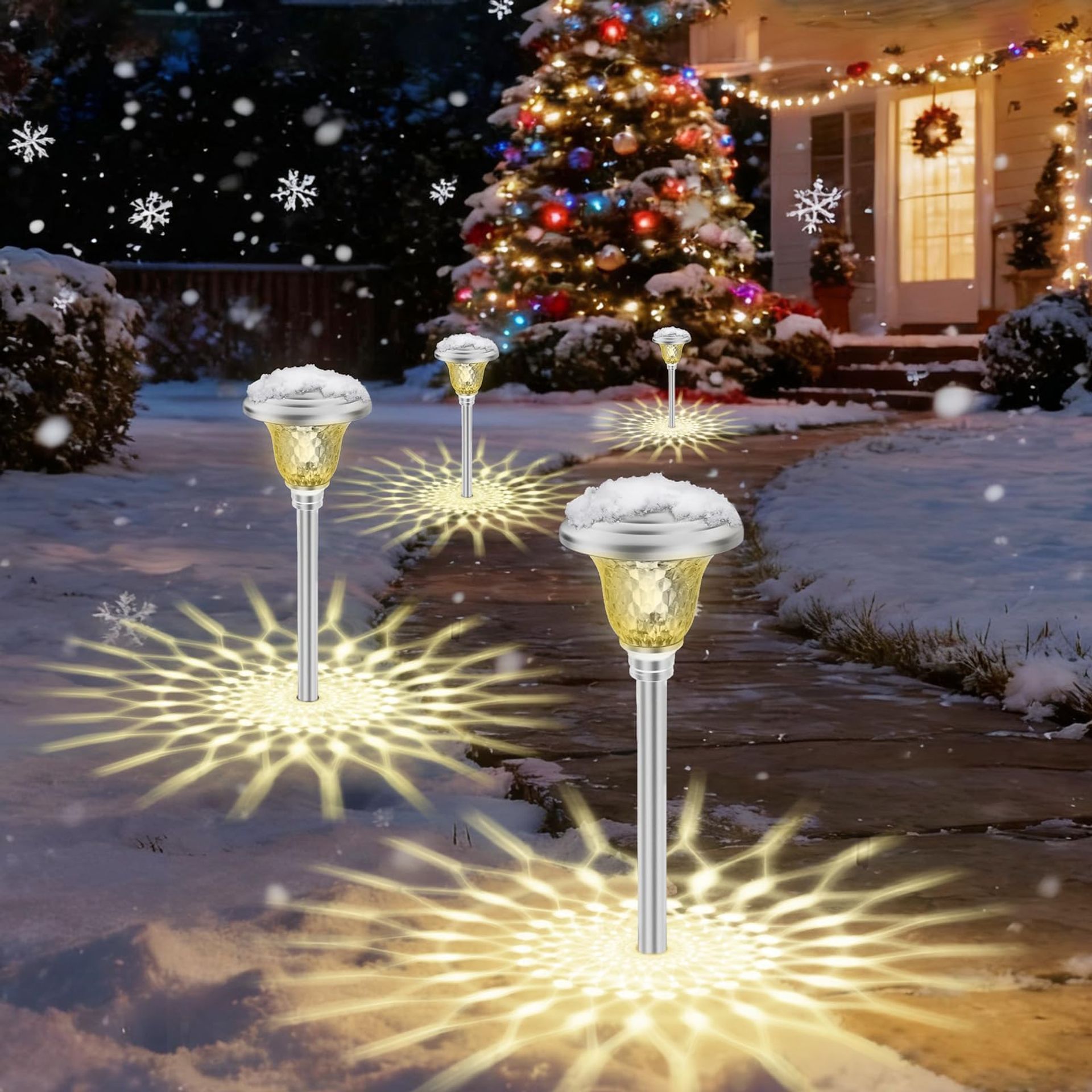 Solar Garden Lights Outdoor Waterproof LED Stake Pathway Lamps Weatherproof Glass Lens Stainless Steel 4 Pack - Silver 4 Pack