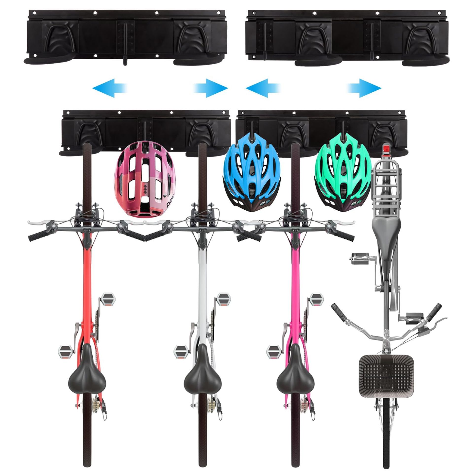 Bike Wall Mount Storage Rack Holds 4 Bikes & 3 Helmets Adjustable Garage Organiser Vertical Indoor Stand - Black