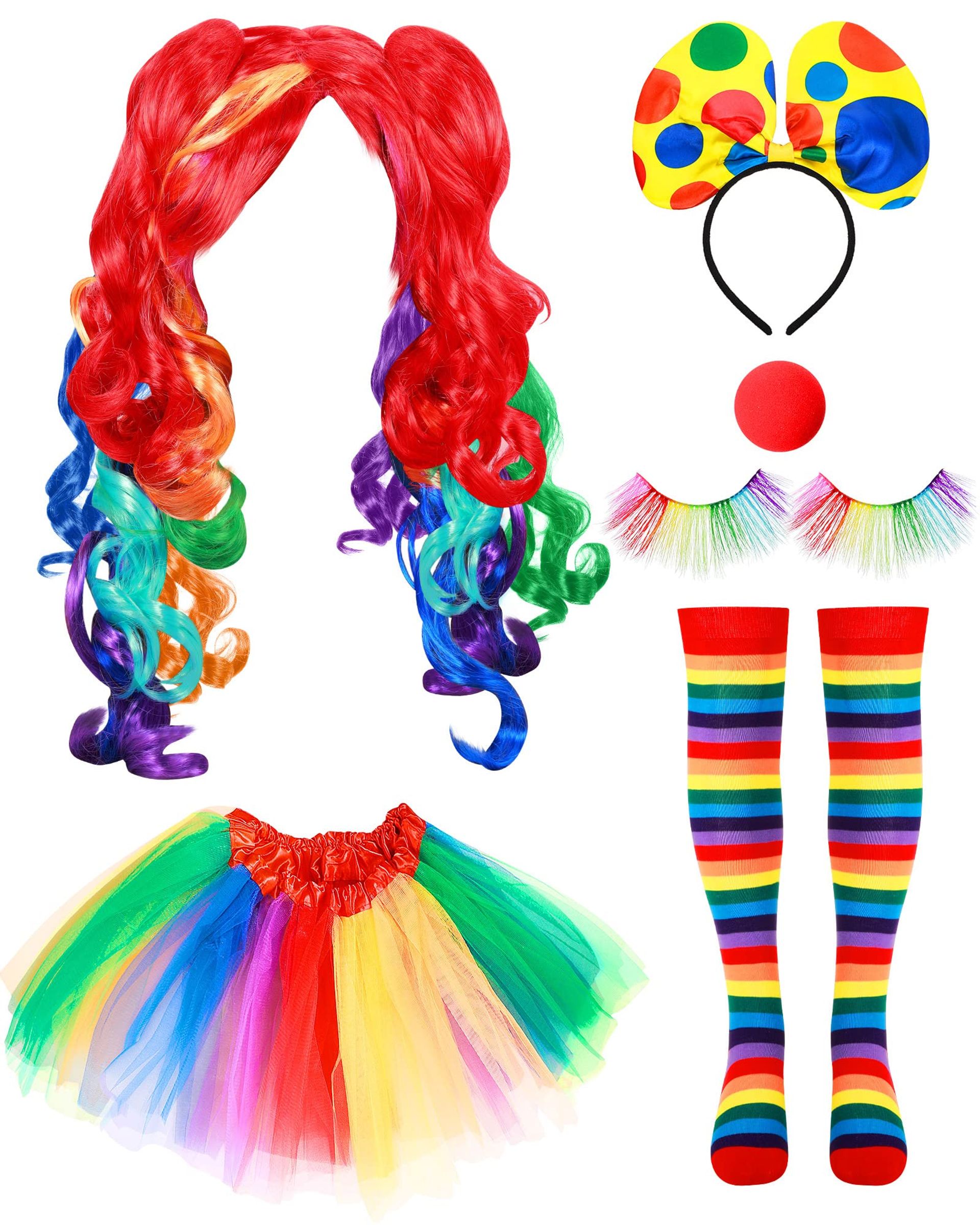 6-Piece Rainbow Clown Fancy Dress Set with Wig, Tutu, Socks, Lashes & Red Nose for Girls & Women