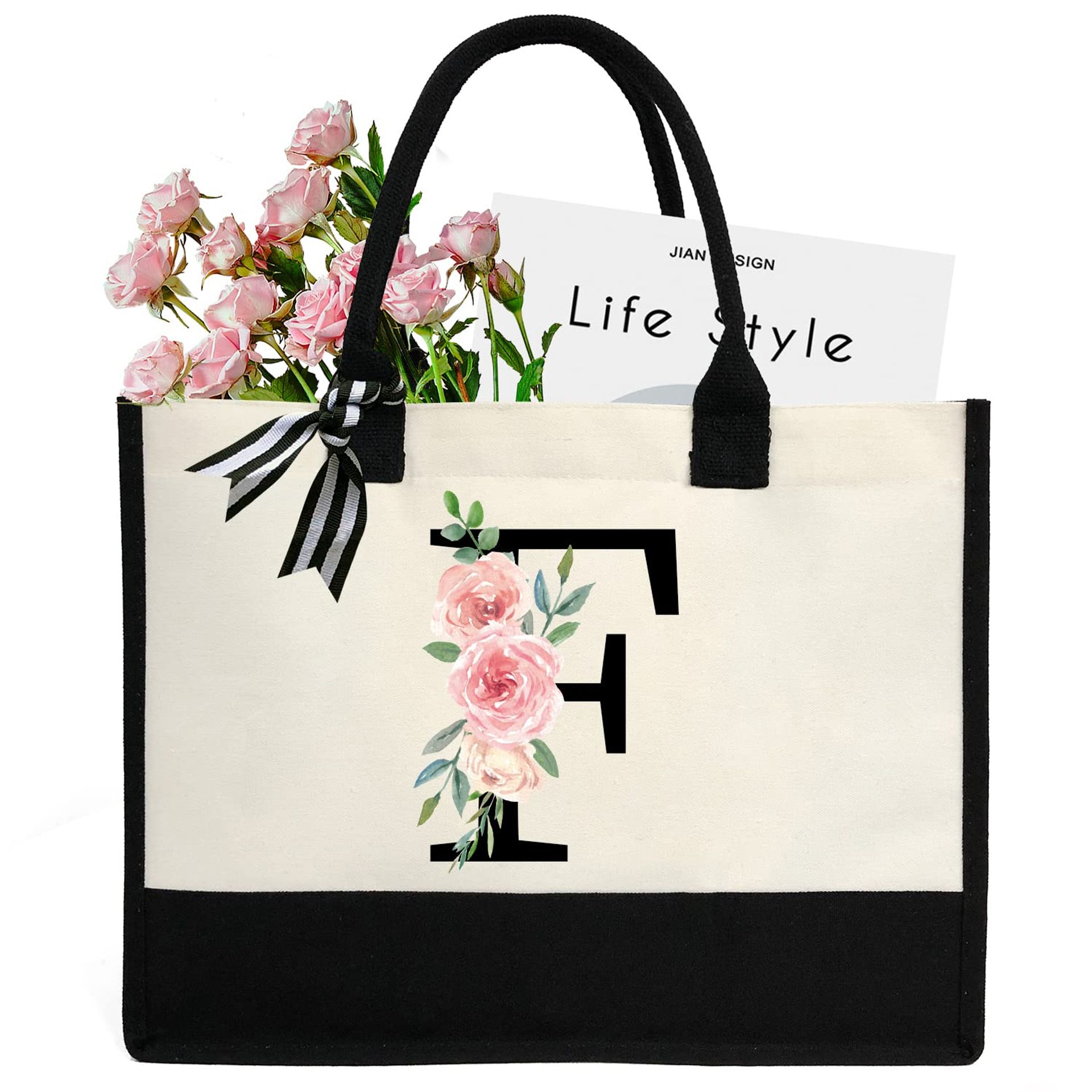 Personalised Initial Canvas Beach Tote Bag with Inner Zipper Pocket, Monogrammed Gift for Women - Black Letter F One Size