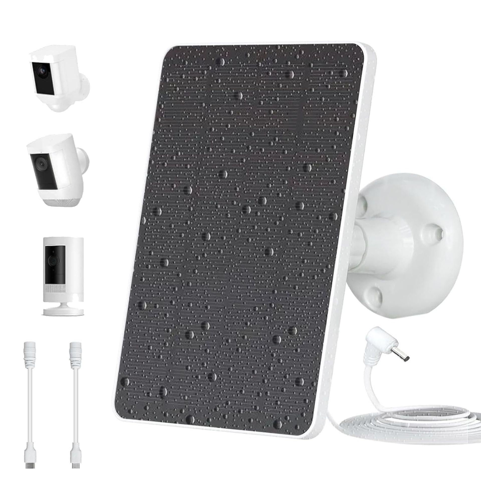 Solar Panel 5W Charger for Ring Cameras Waterproof with USB-C Adapter and 10FT Cable - White