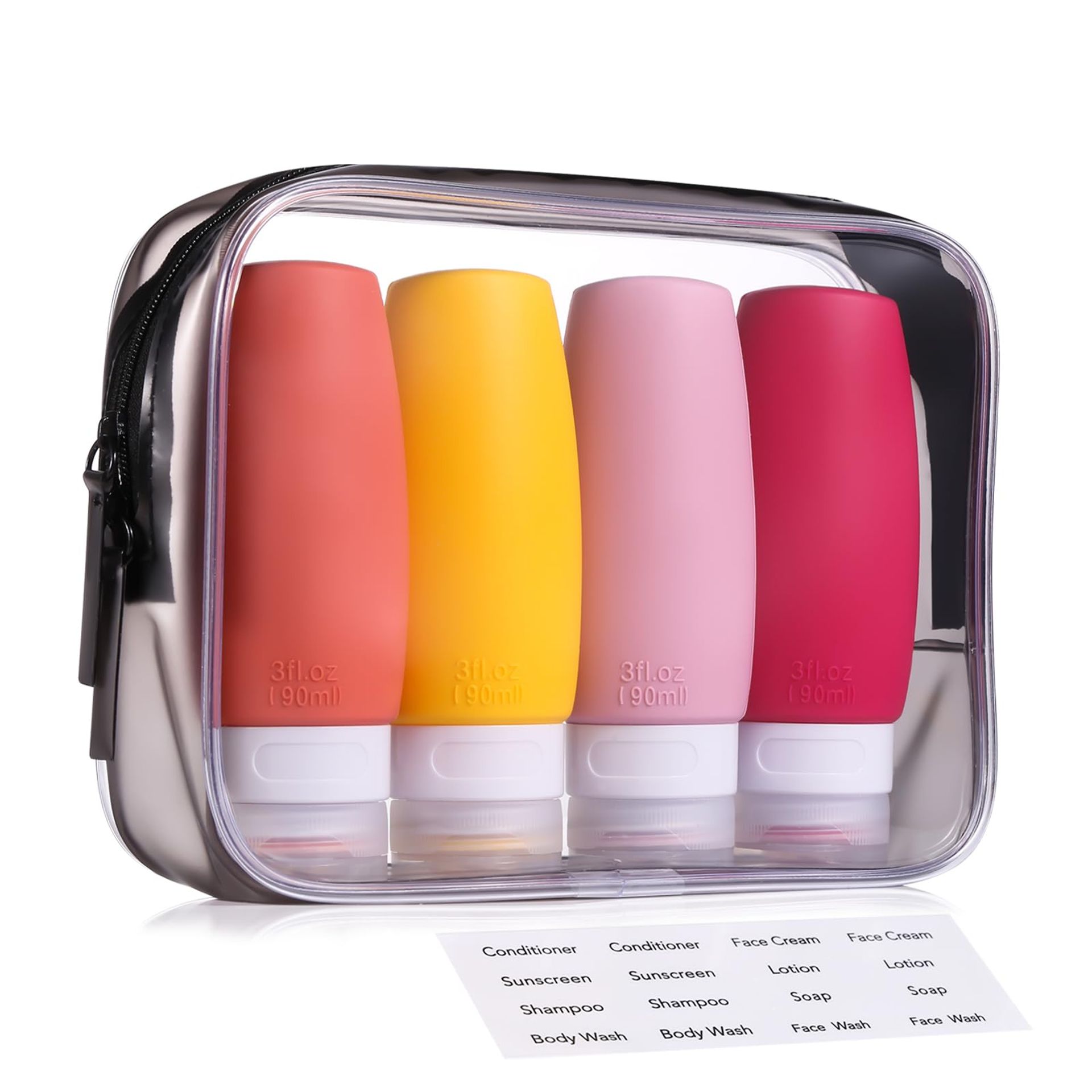 90ml Red Silicone Travel Bottles Set - TSA Approved Leak-Proof Toiletry Containers with Bag (4 Pack)