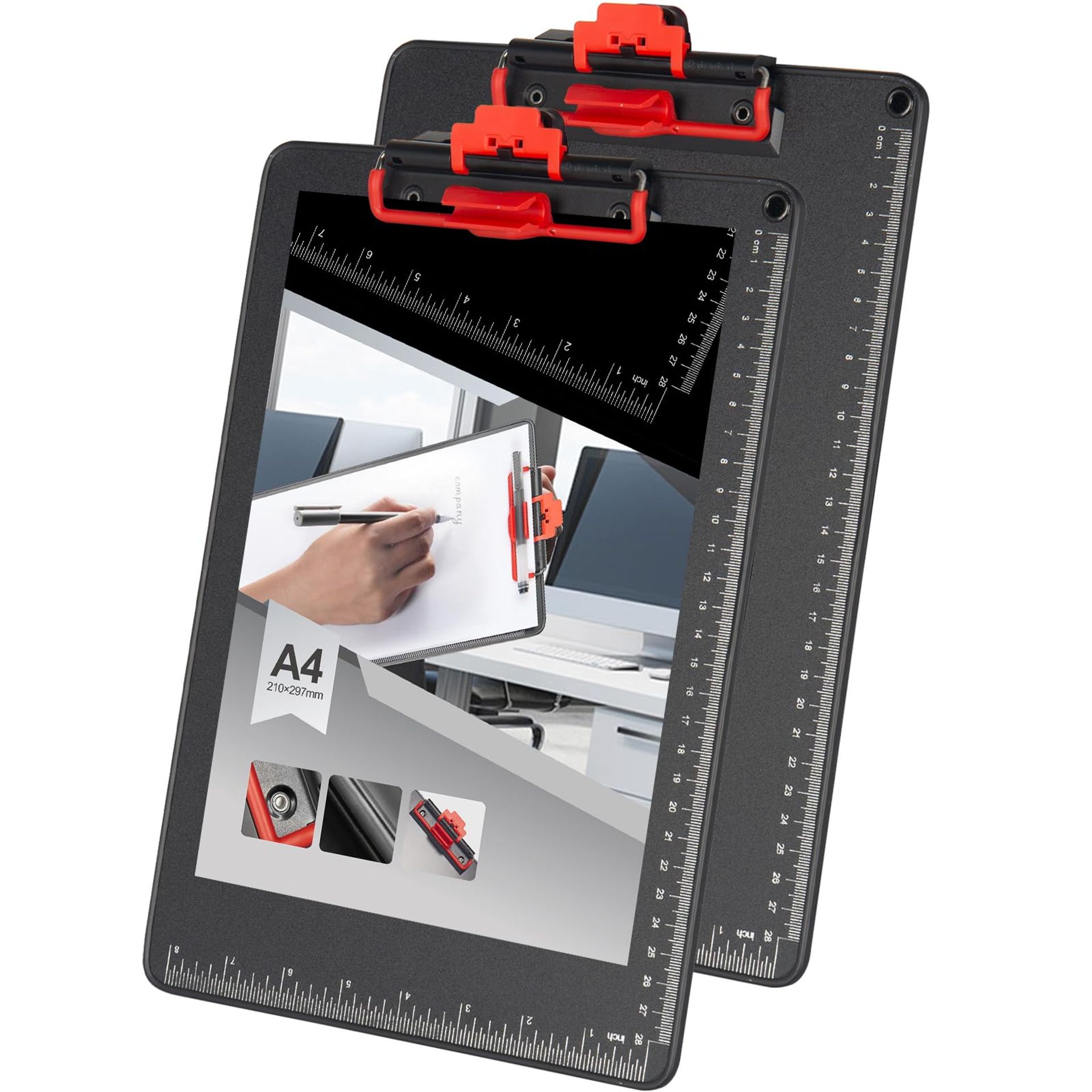 Aluminium Clipboards with Pen Holder A4 Size 12.5x9 Inch Durable Board with Ruler for School, Office and Coaching Use - Black & Frosted Red 2 Pack