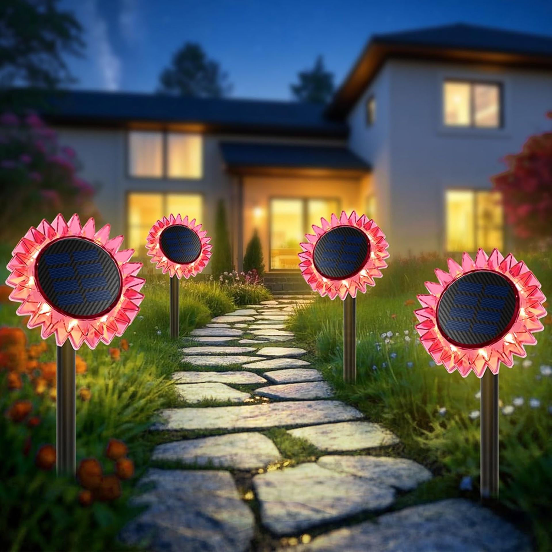 Solar Sunflower Garden Lights 4 Pack, IP67 Waterproof Outdoor LED Pathway & Fence Decoration