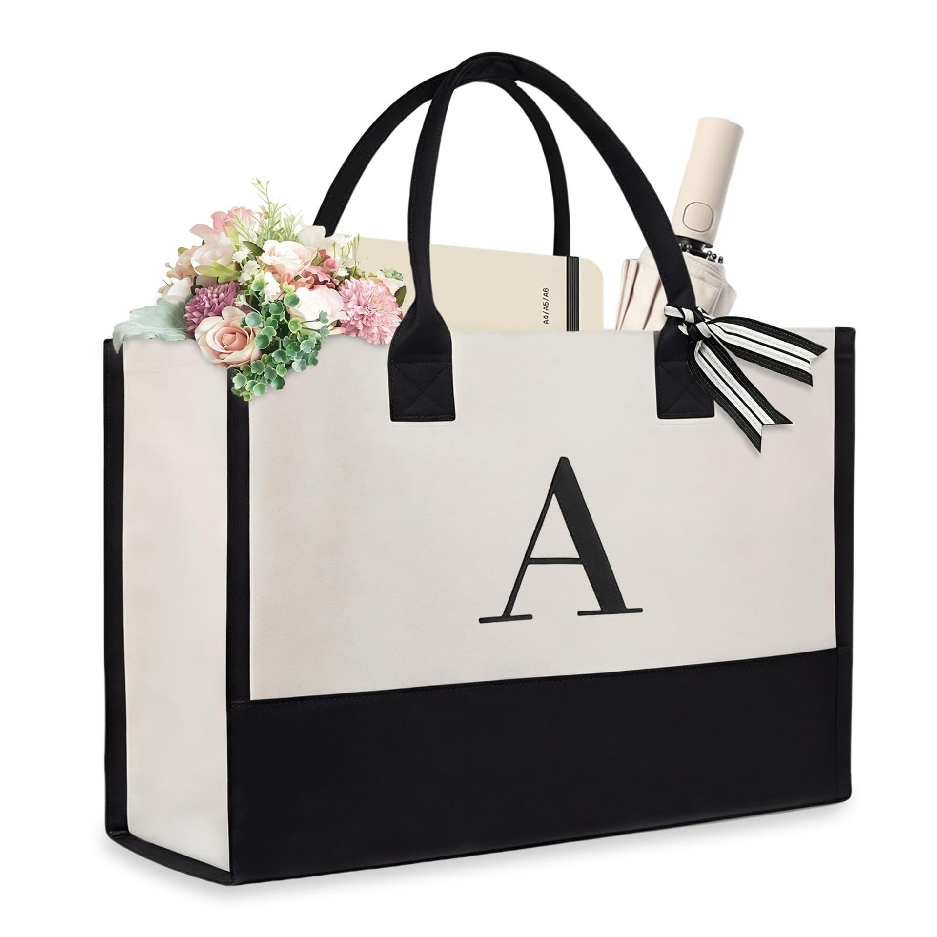 Aucuu Personalized Initial Canvas Beach Bag, Canvas Tote Bag, Monogrammed Gifts, Work Tote Bag for Mom Teacher Friends,Letter K