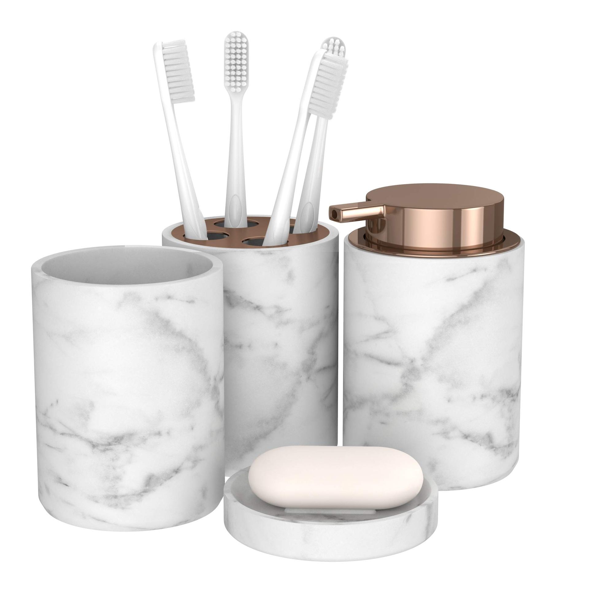 4-Piece Bathroom Accessories Set Marble Look Soap Dispenser, Toothbrush Holder & Dish - Copper
