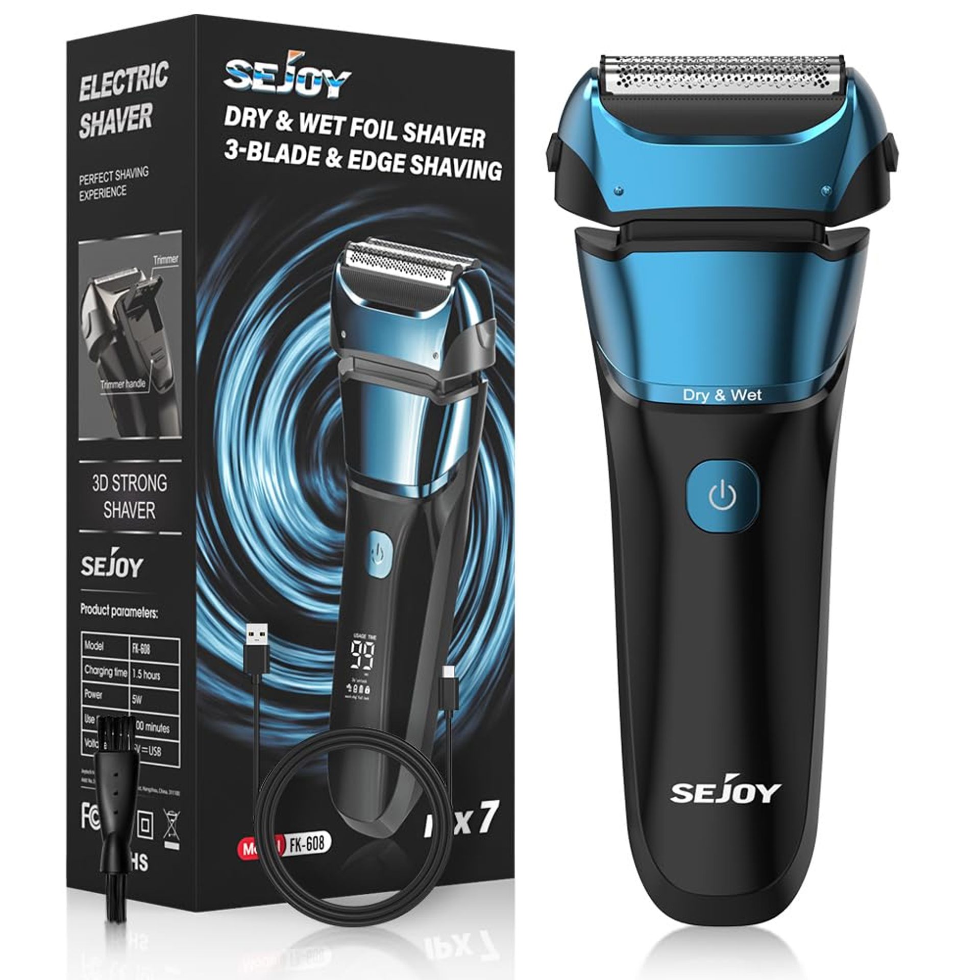 Men's Electric Foil Shaver Wet & Dry 3-Blade 7500 RPM Digital Display - Blue TXD-FK608-BLU
