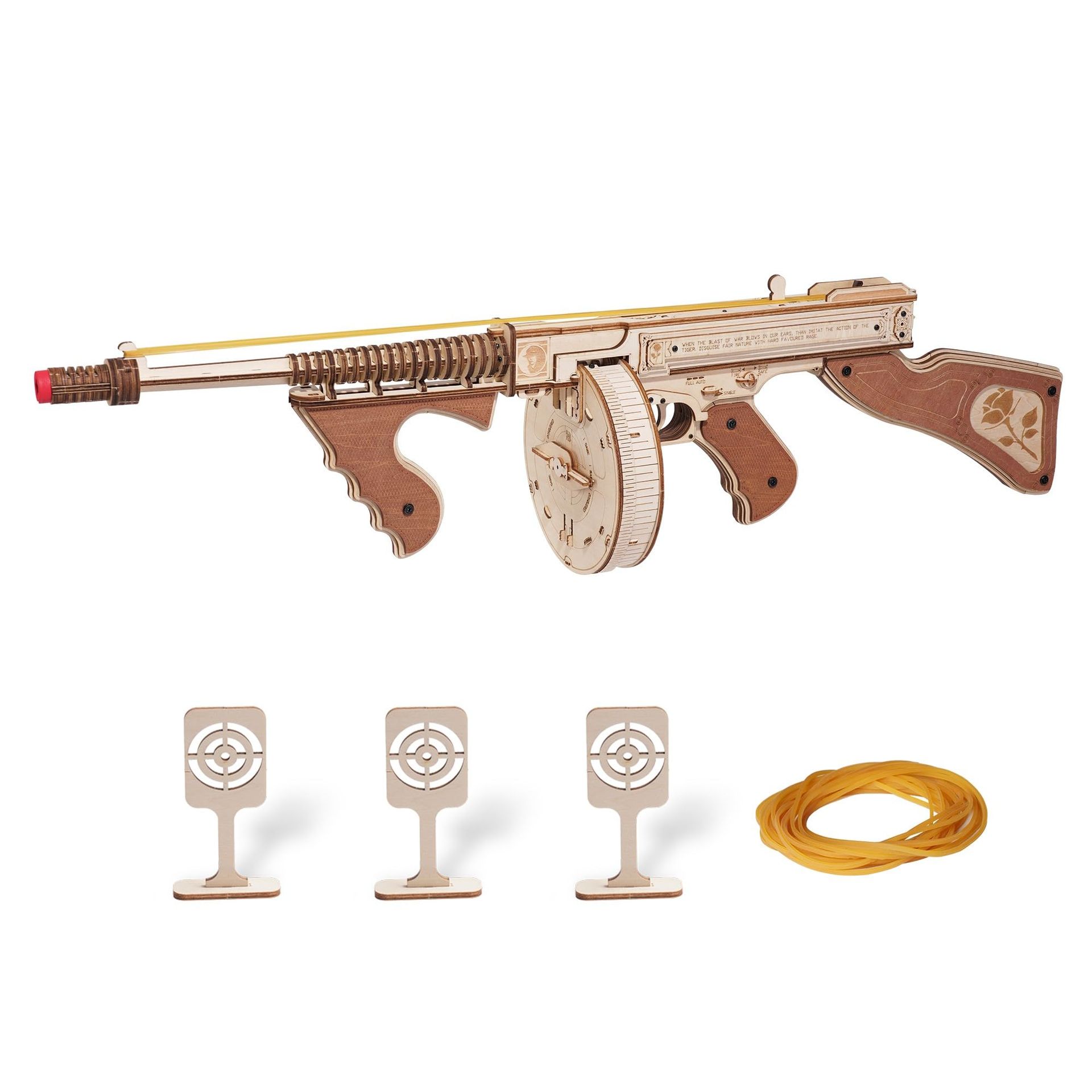 3D Wooden Puzzle Thompson Submachine Toy with Rubber Band - Mechanical Model Kit for Adults
