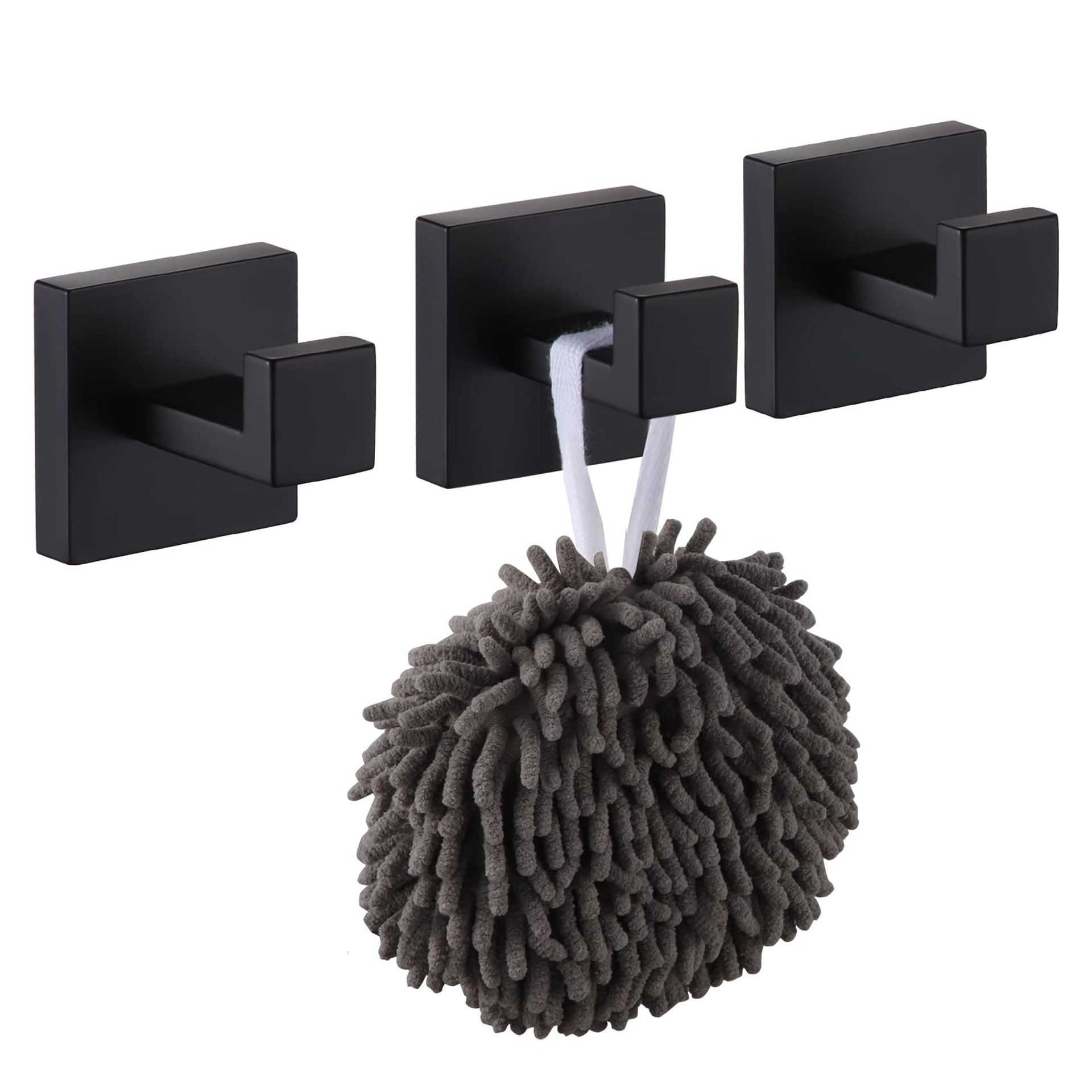 Wall Mounted Towel & Robe Hooks - Heavy Duty Stainless Steel, Matte Black, 3 Pack