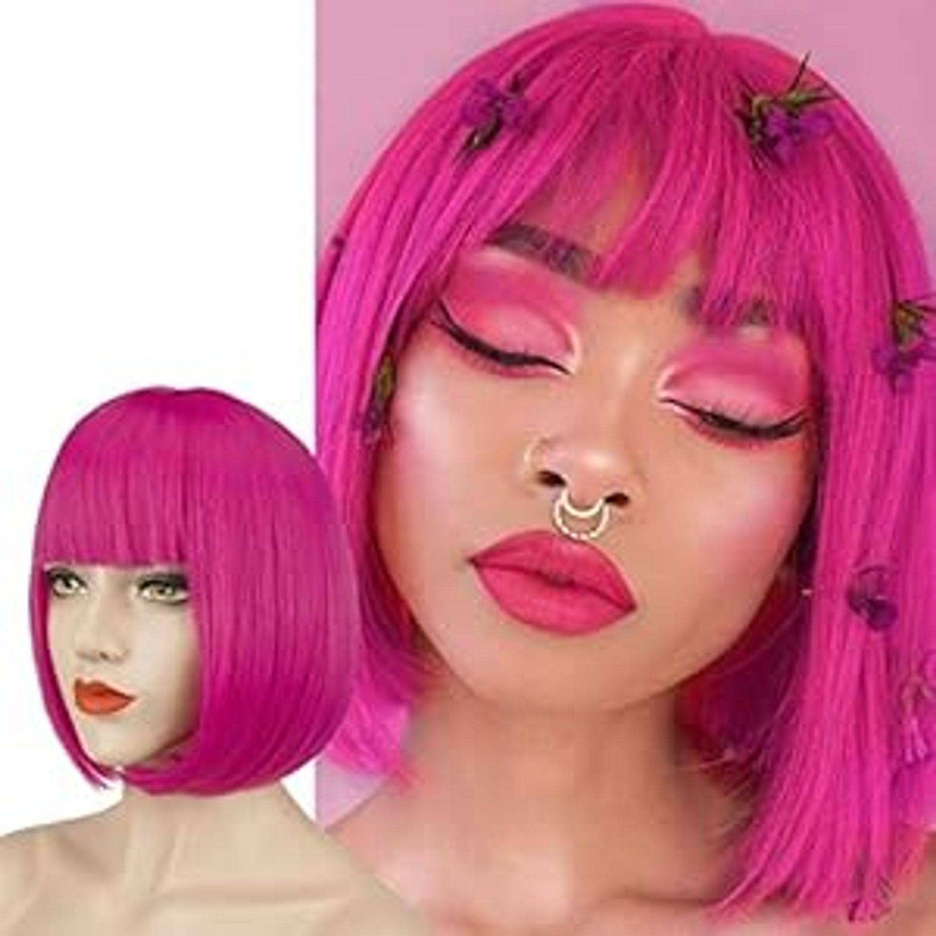 Short Straight Bob Wig with Bangs 11 Inch Synthetic Daily Party Hair Wig - Hot Pink 11 Inch - Valentines