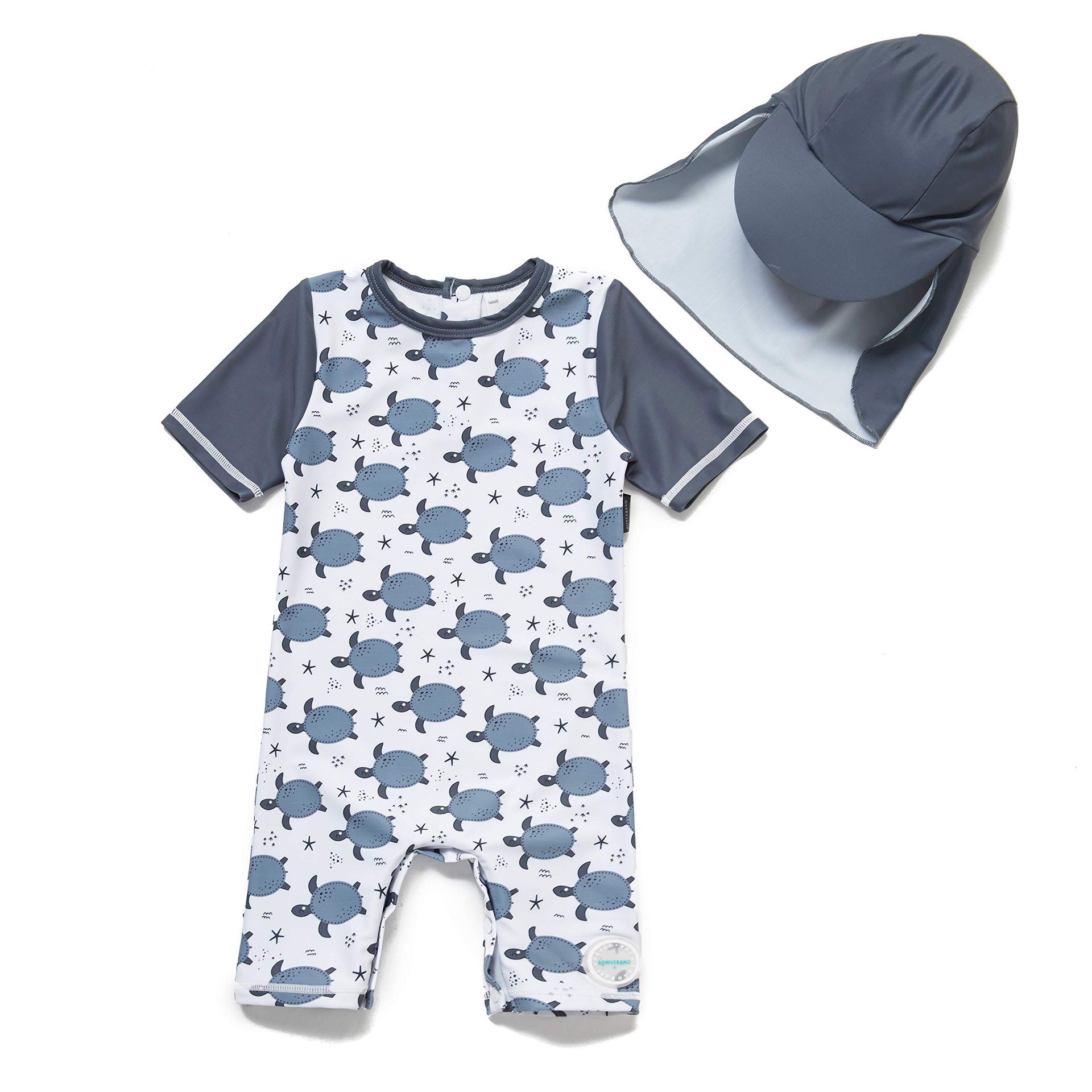 Baby Boys One-Piece Swimsuit with UPF 50+ Sun Protection & Sun Cap – Tortoises 12-18 Months