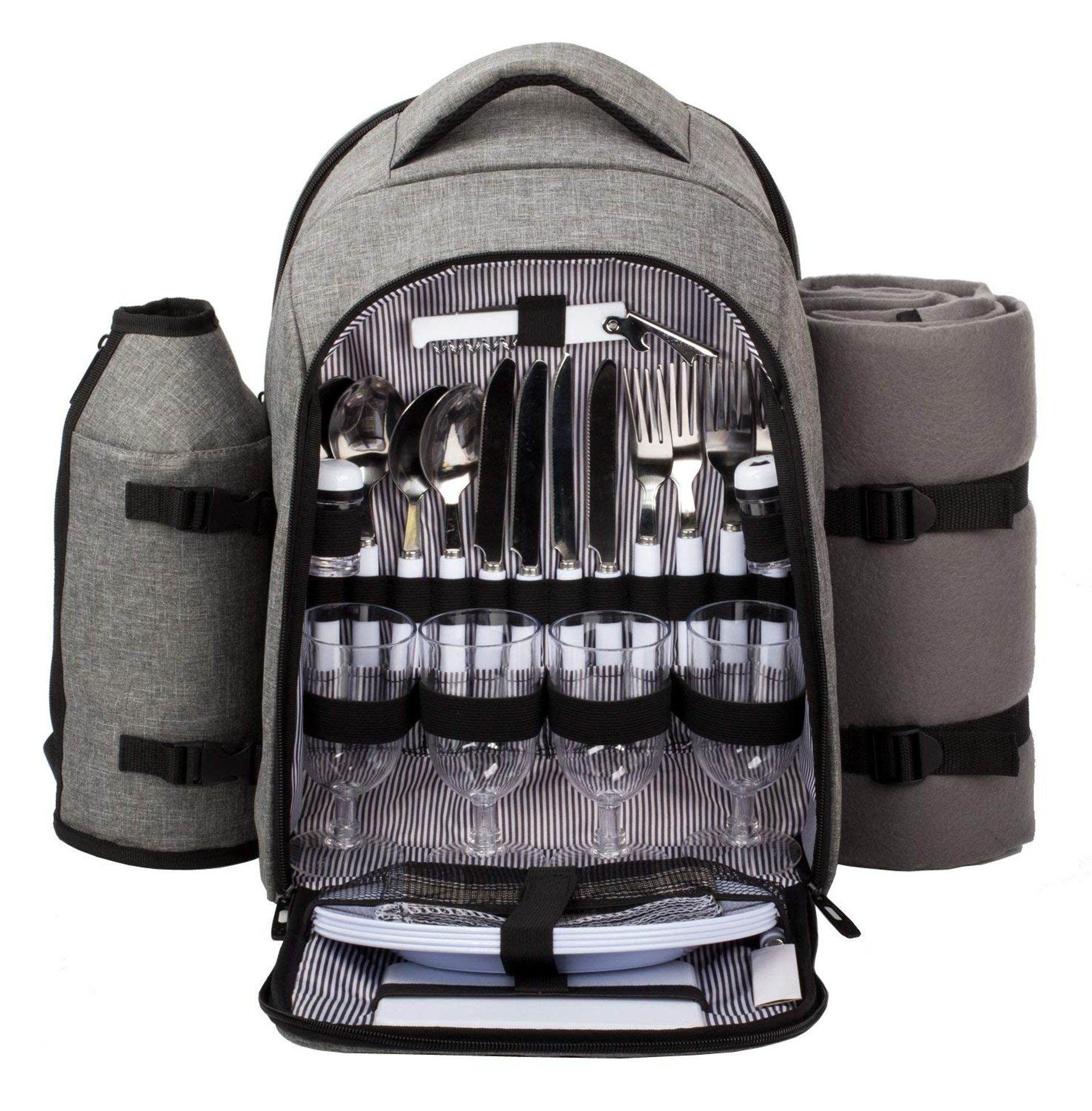 Luxury 4 Person Picnic Backpack with Insulated Cooler, Tableware & Fleece Blanket - Grey 4 Person