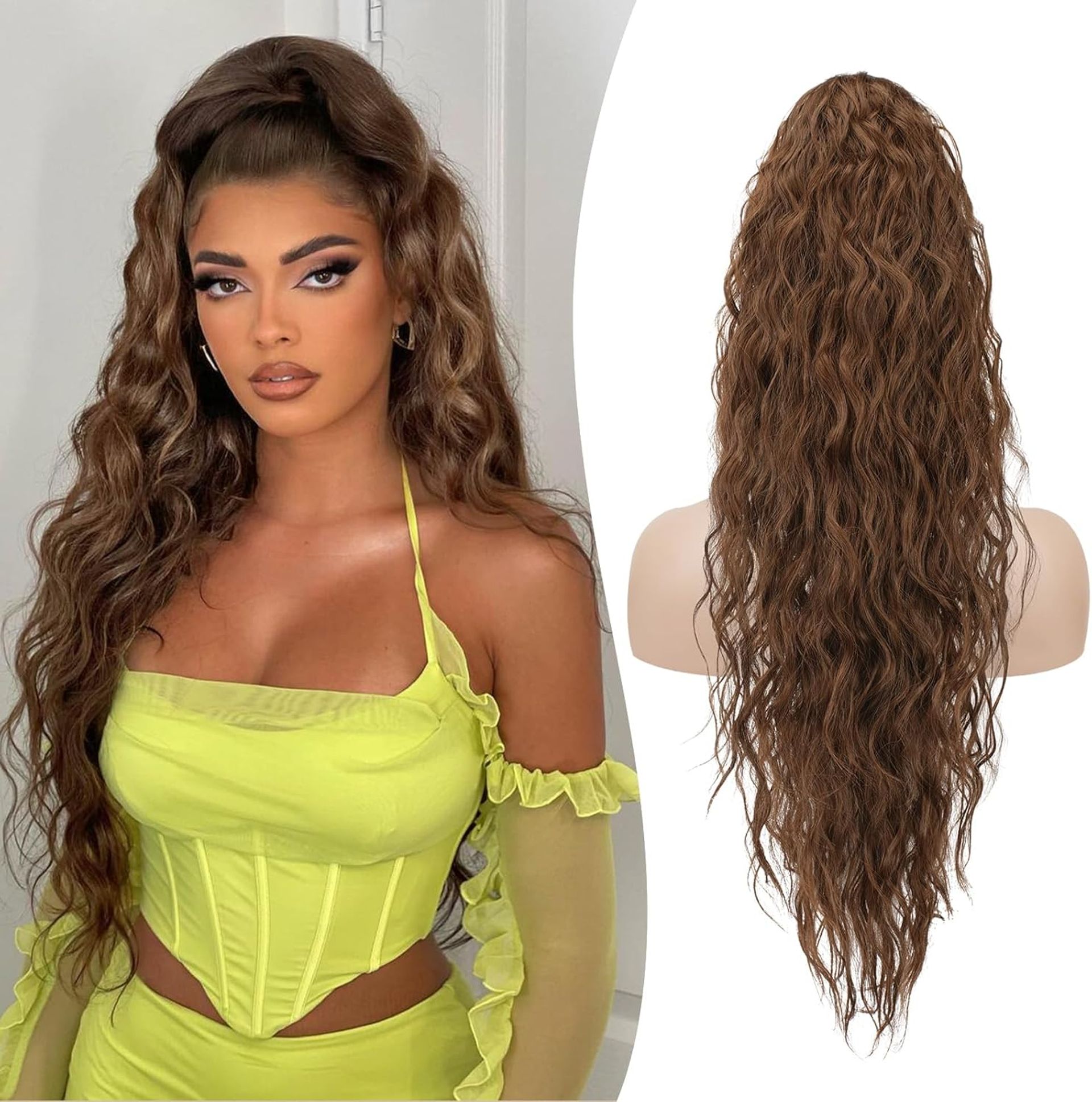 Drawstring Ponytail Hair Extension 26 Inch Long Beach Wave Synthetic Curly Clip Hairpiece for Women - Chestnut Brown 26 Inch
