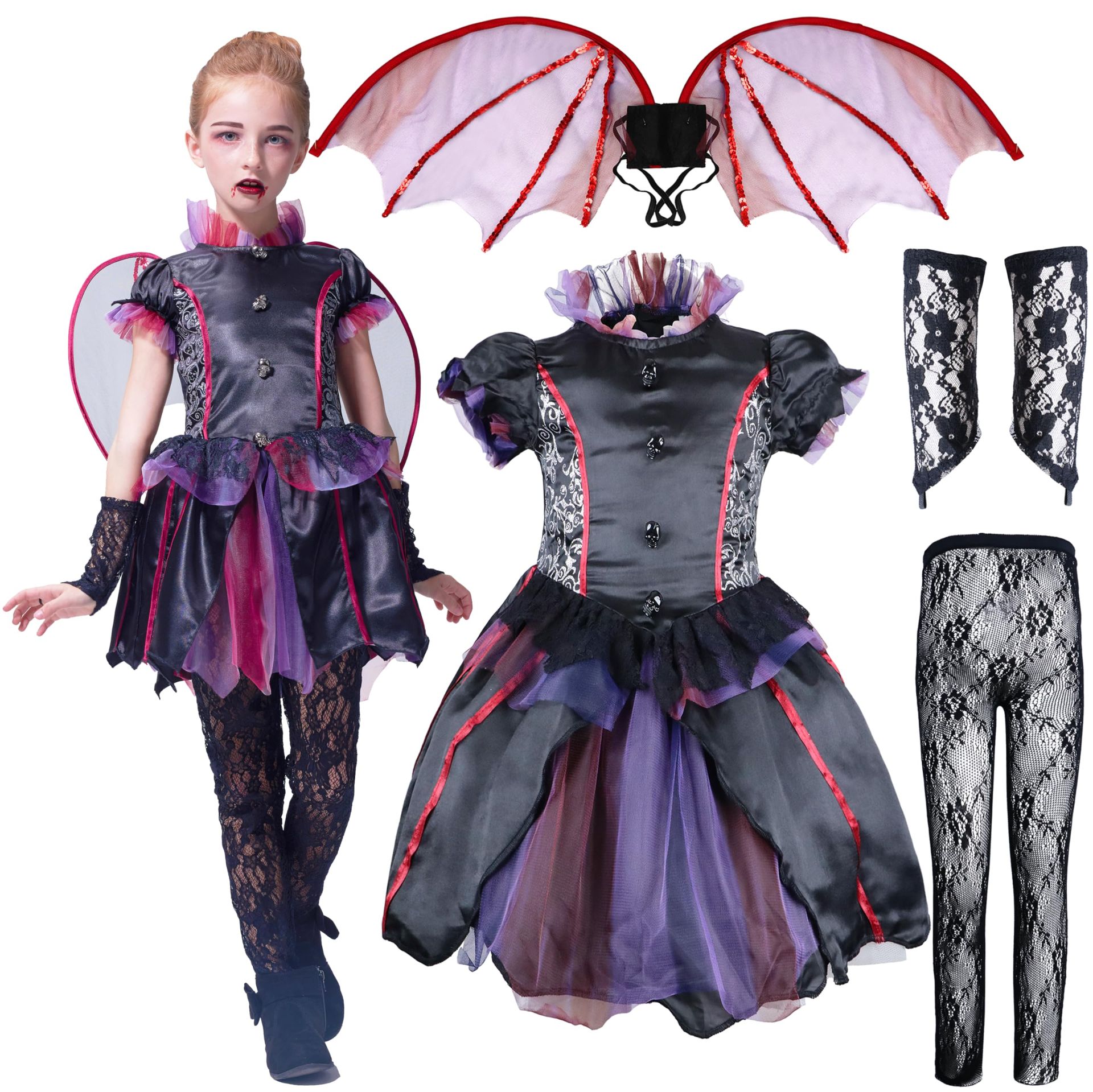 Kids Bat Costume Halloween Girls Gothic Vampire Dress with Bat Wings - Vampire Wing 7-8 Years
