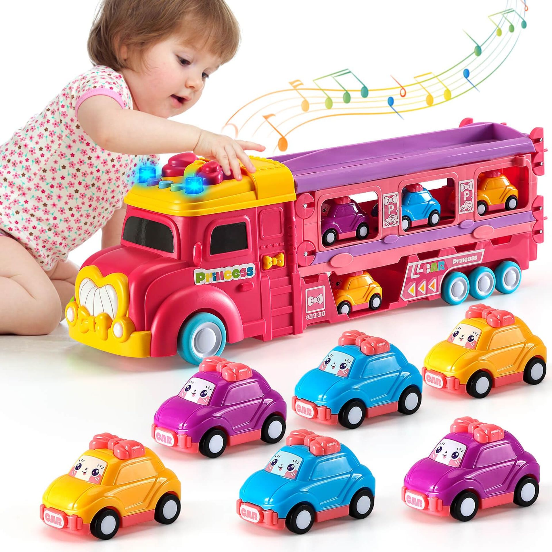 Princess Race Track Transport Truck Toy Car Carrier with Lights & Music for Girls 3-6 Years - Pink NO.HS551C
