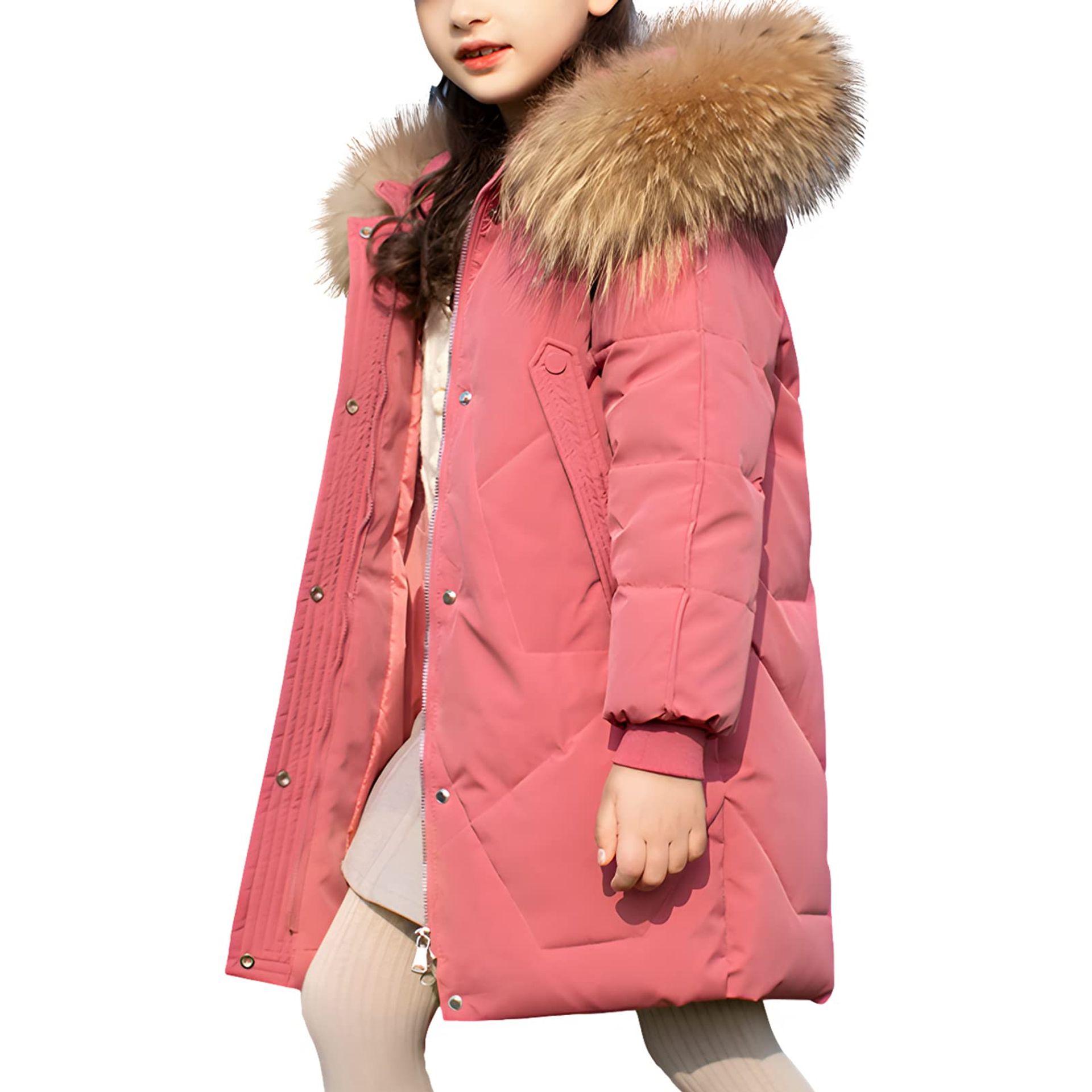 Girls Winter Puffer Coat Long Padded Overcoat with Faux Fur Hood - Pink 5-6 Years